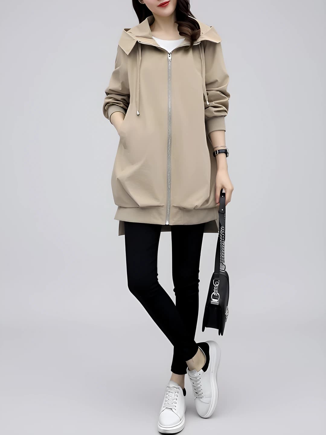 Khaki, hooded, unlined