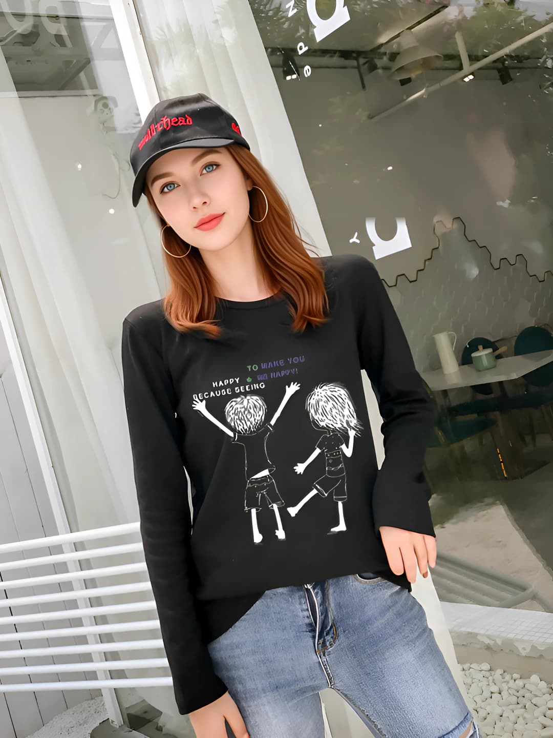 Women's 2026 autumn printed long-sleeve t-shirt, crew neck, loose fit