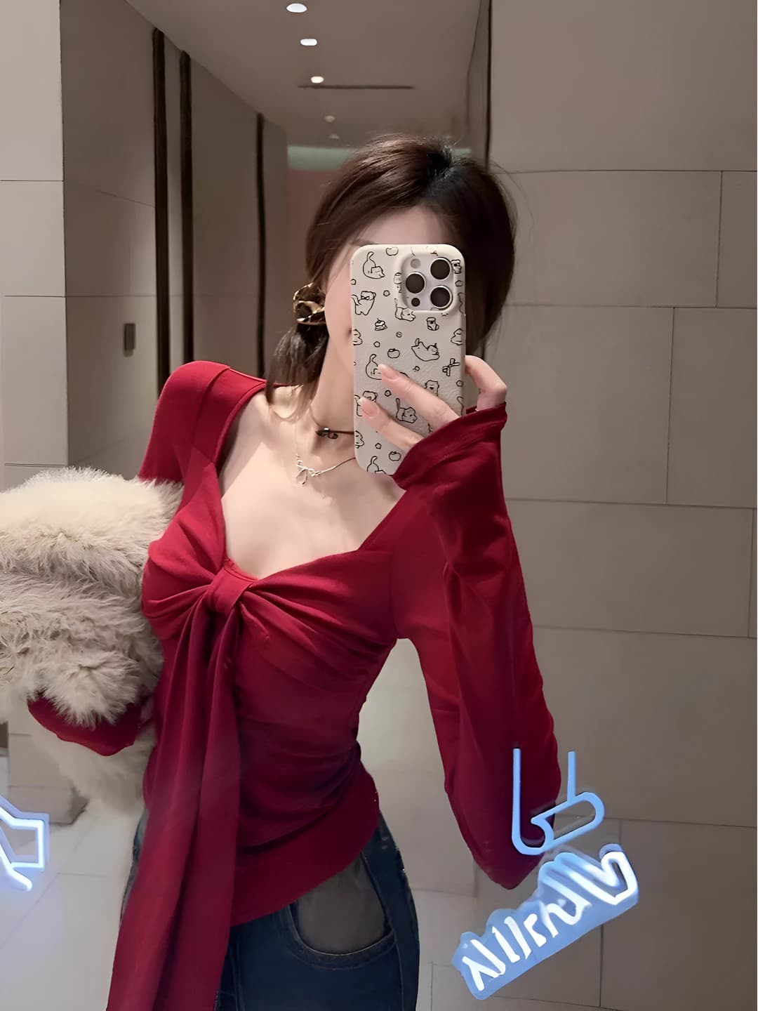 Women's long sleeve top with V-neck, slim fit, slimming, cropped, red, bow pattern, spring