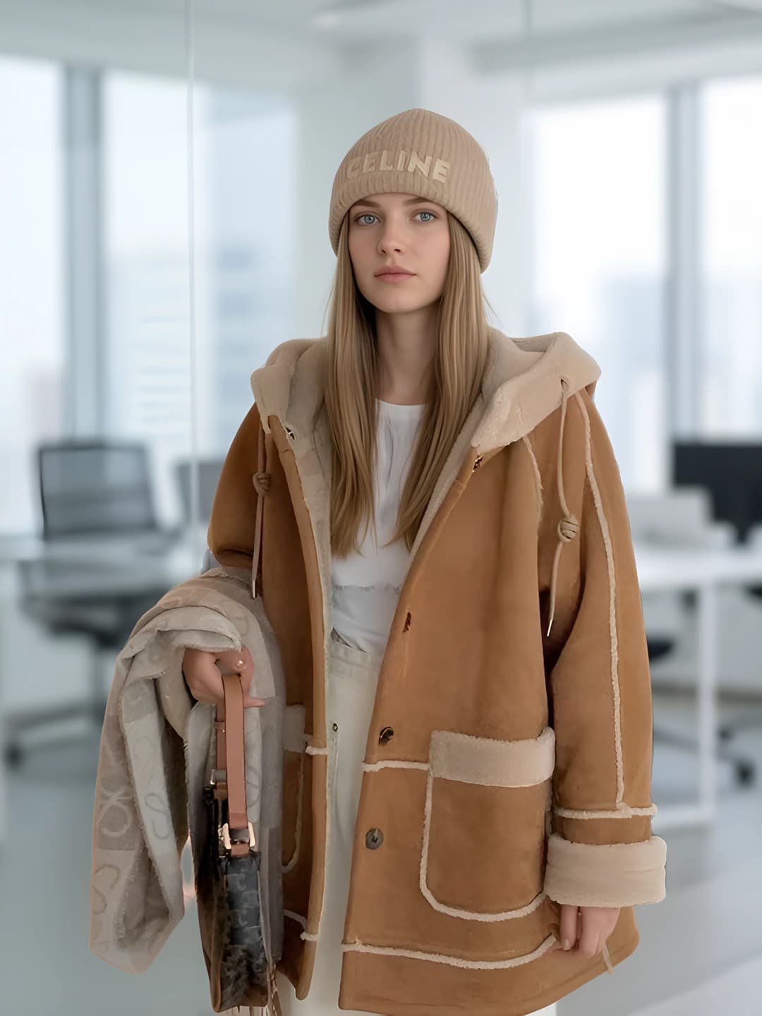 Women's thickened winter faux shearling coat, long sleeve, POLO collar, with hood