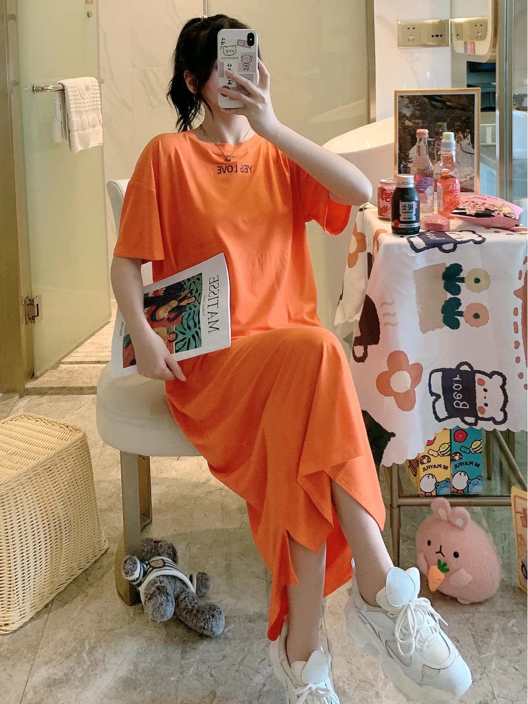 Women's summer thin printed T-shirt dress, crew neck, short sleeve, long, loose fit