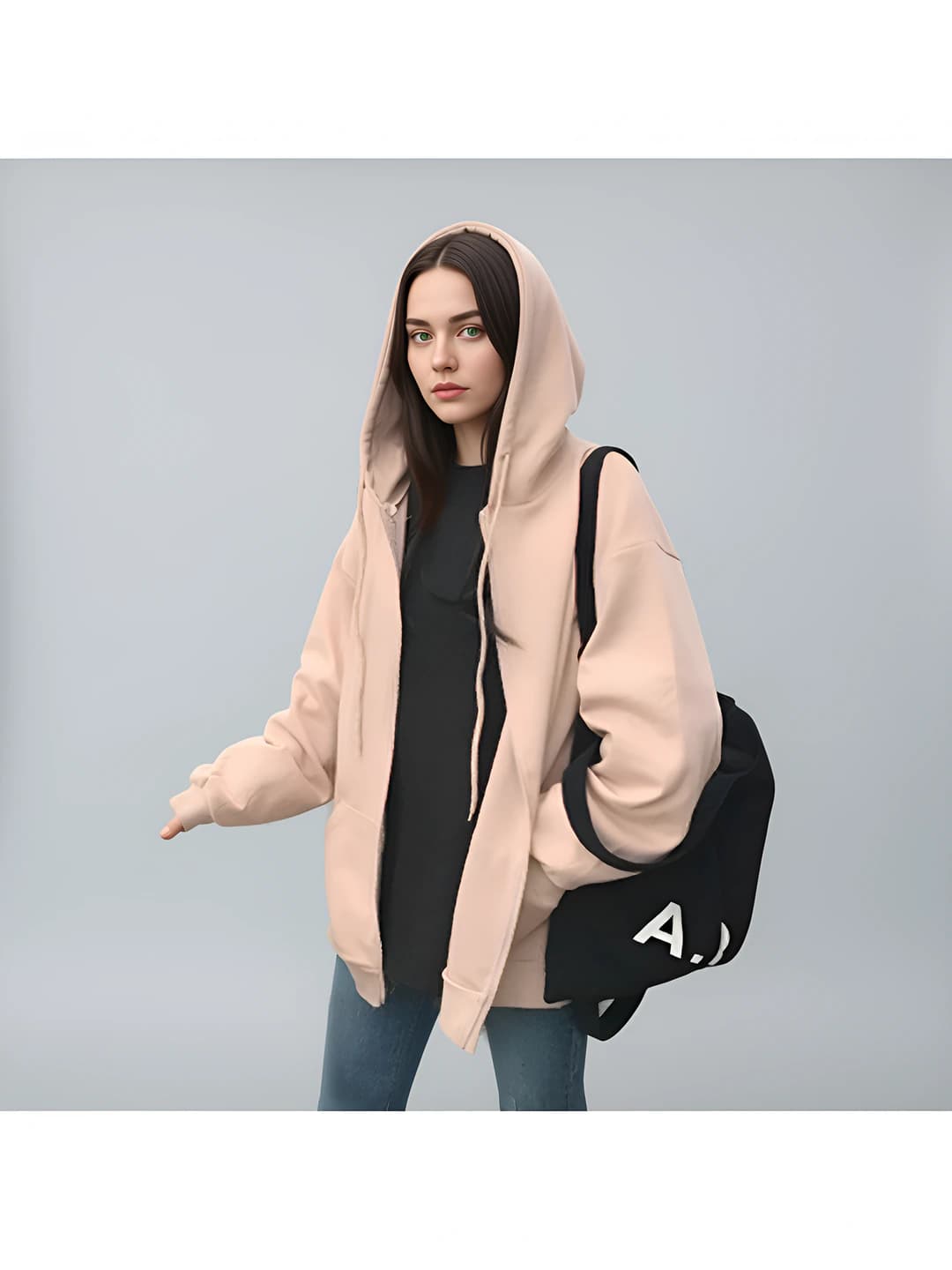 Ayollar uchun fermuarli xudi, 2026 kuz-qish, kundalik sport, issiq astarli, bo'sh (oversize) kesim, bir rangli