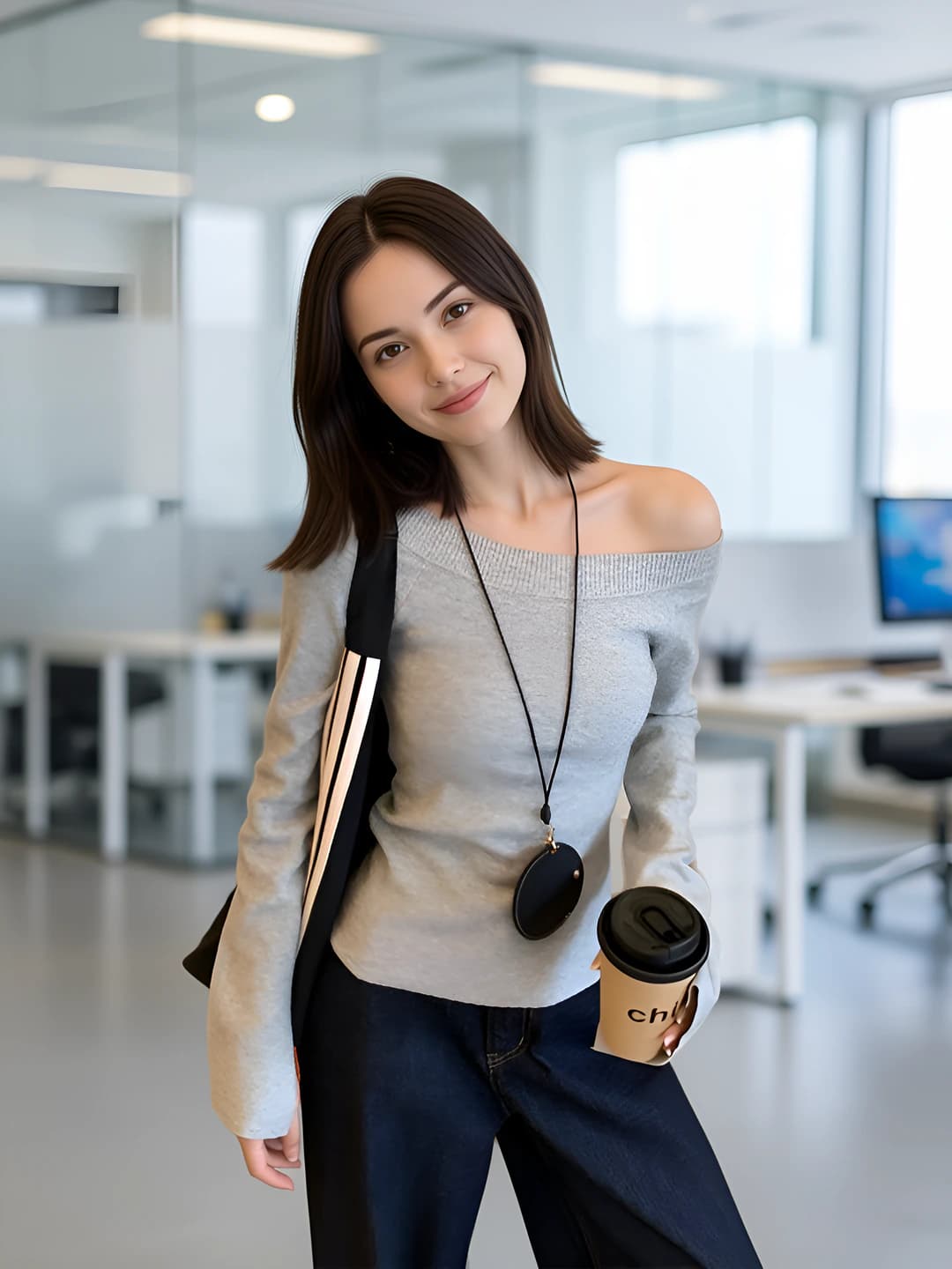 Women's off-shoulder long-sleeve knit top, autumn-winter, slim fit, slimming, solid colour, preppy style