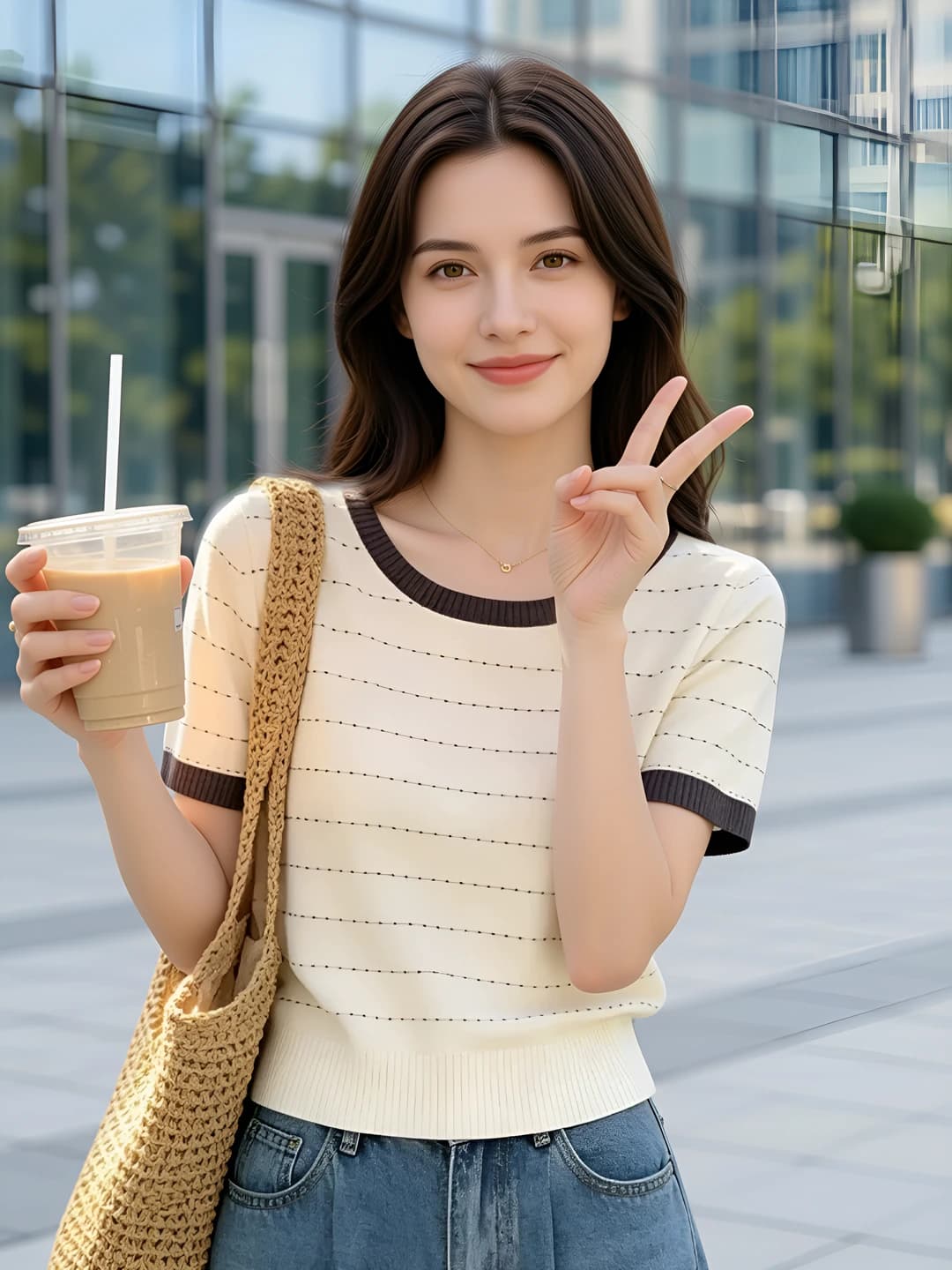 Women's summer short sleeve crew neck striped knit top in ice-silk fabric, retro style