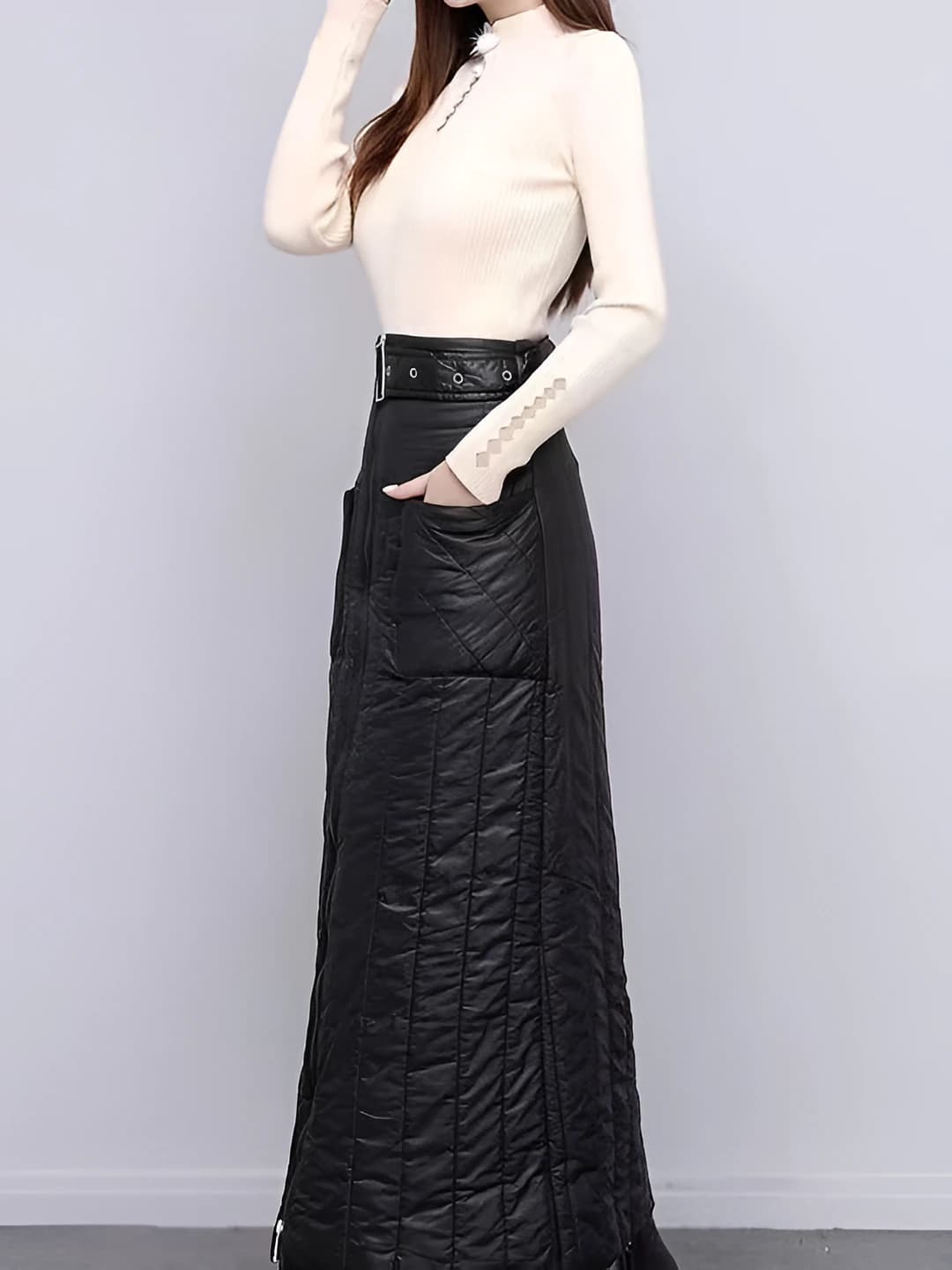 Women's thickened mid-length straight skirt with down-alternative fill, warm