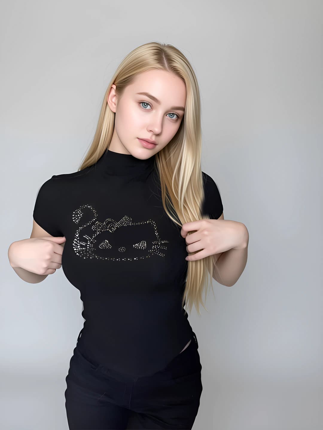 Женская футболка с напечатанным рисунком Kitty, чёрная, с воротником-полустойка, приталенная, с коротким рукавом