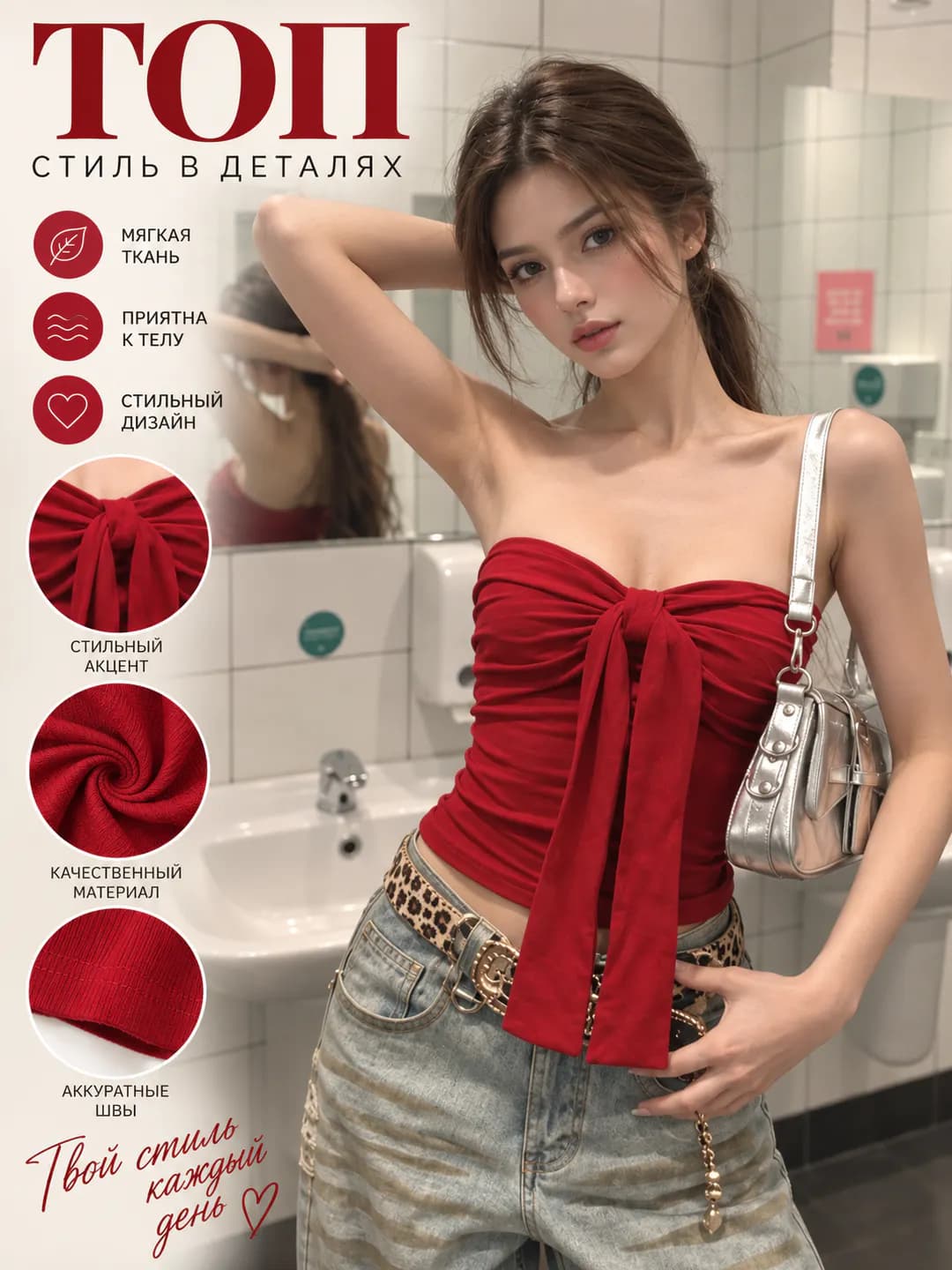 Women's red summer sleeveless short crop top, slim fit, solid colour, summer