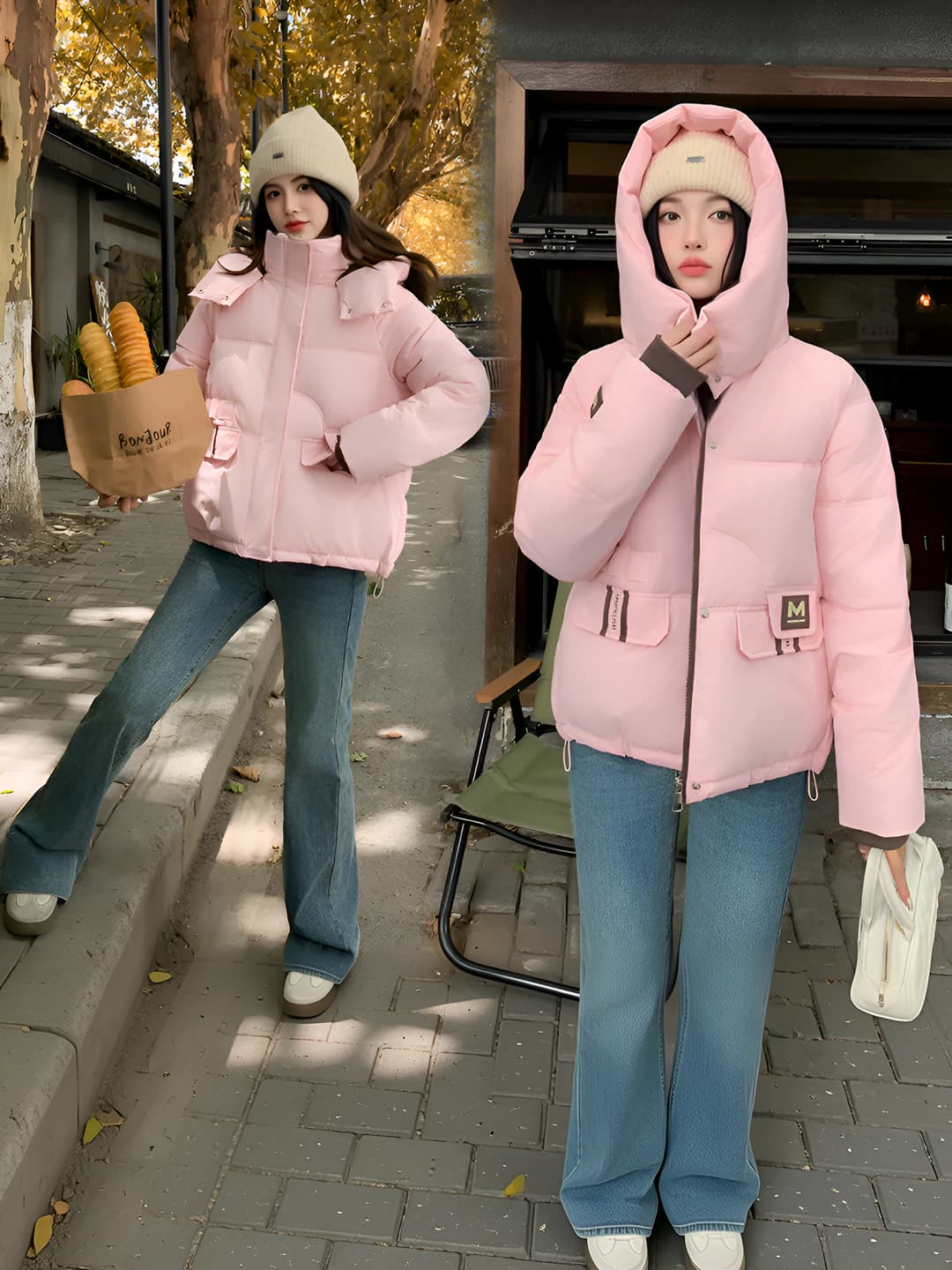 Ayollar uchun qishki puxli kurtka: sintetik pux to'ldirgich, tik yoqa, fermuar, uzun yeng, bo'sh (oversize) kesim, bir rangli, issiq saqlaydigan, past bo'ylilar uchun