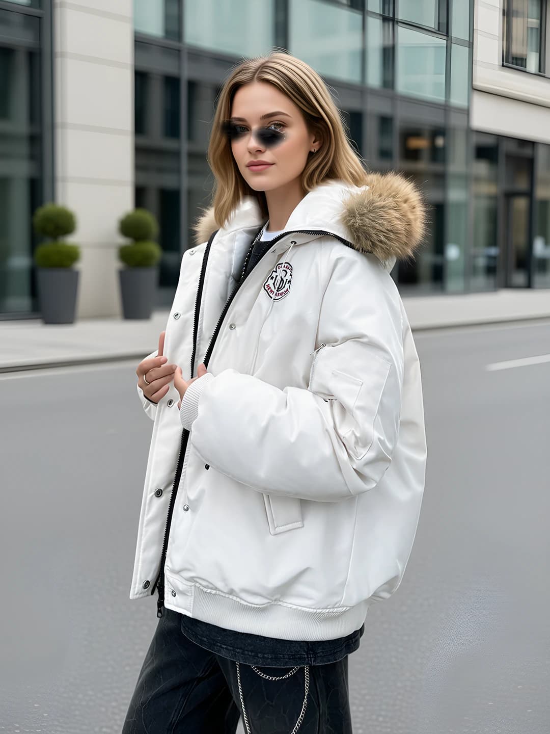 Women's winter padded jacket, Korean style, retro, thickened, short, loose fit, long sleeve, zip, down-alternative fill, solid colour, petite