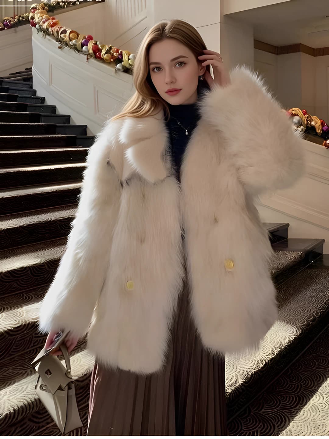 Women's winter mid-length thickened loose fit plus size faux fur coat, long sleeve, V-neck collar