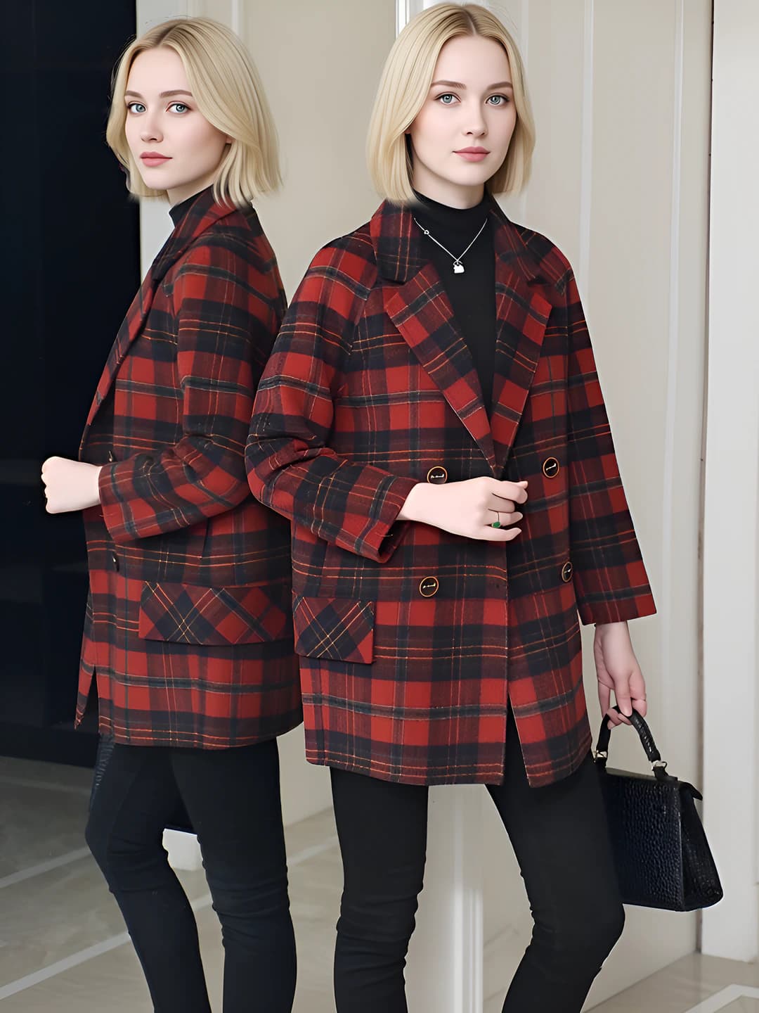 Women's thickened checked coat with blazer collar autumn-winter 2026