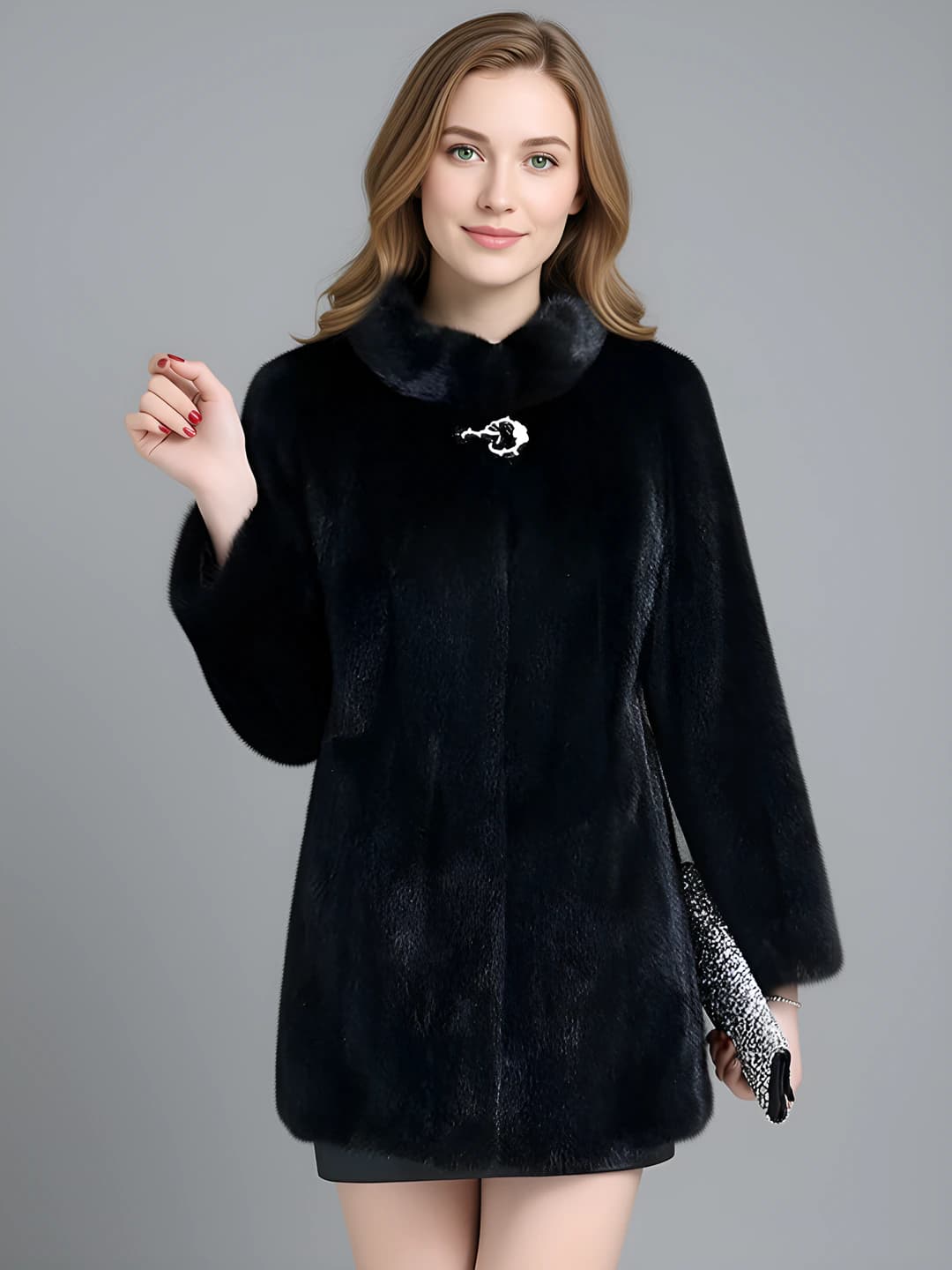 Women's faux mink fur coat, mid-length, thickened, plus size, retro style