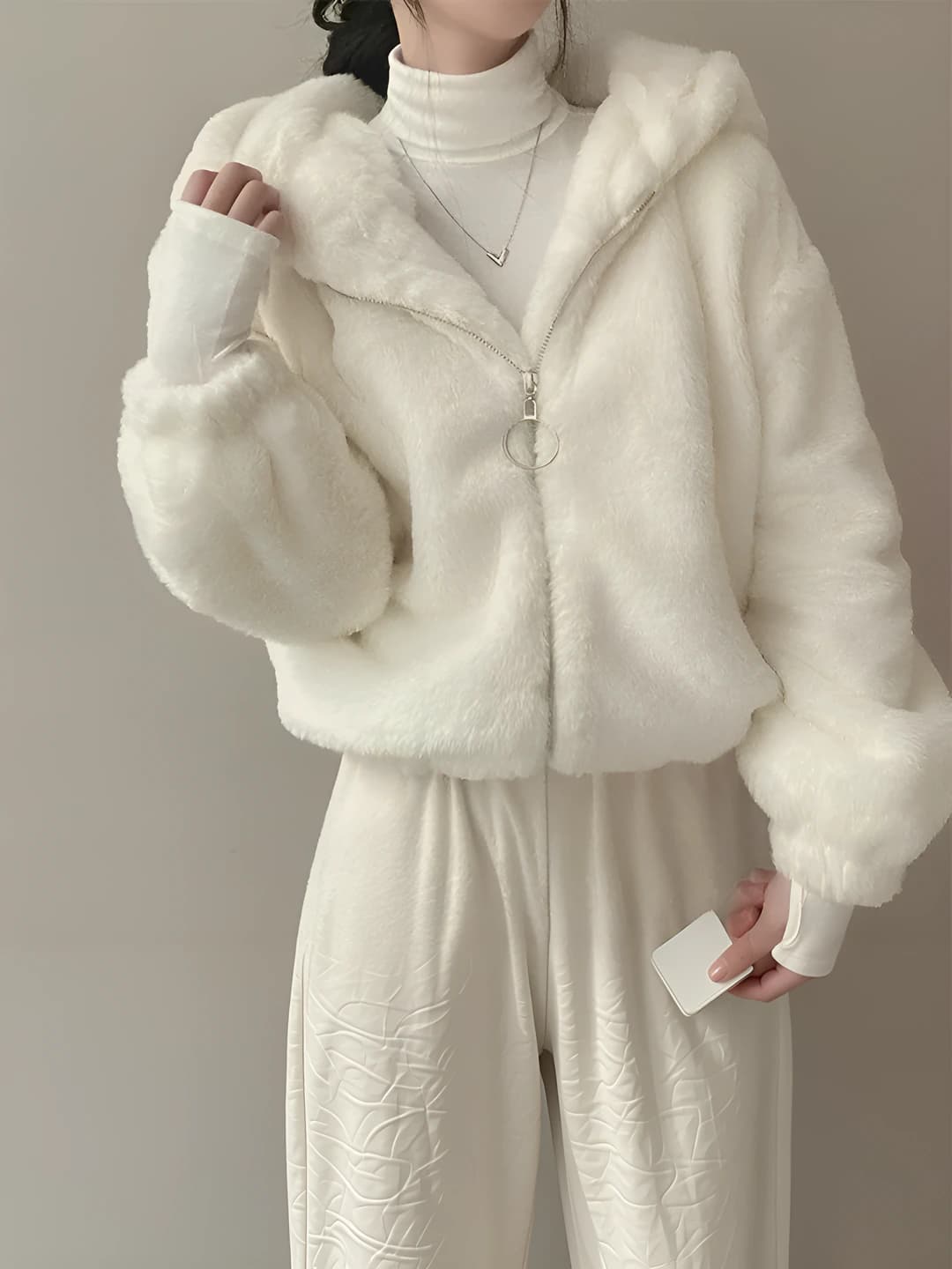 Women's Korean style fleece-lined, thickened, loose fit, zip, long sleeve, warm, autumn-winter shearling coat