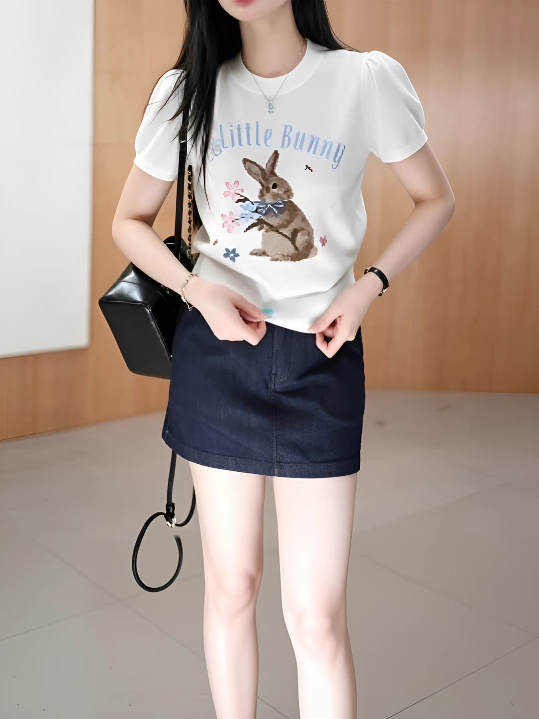 Women's 2026 summer cartoon rabbit pattern crew neck short knit top