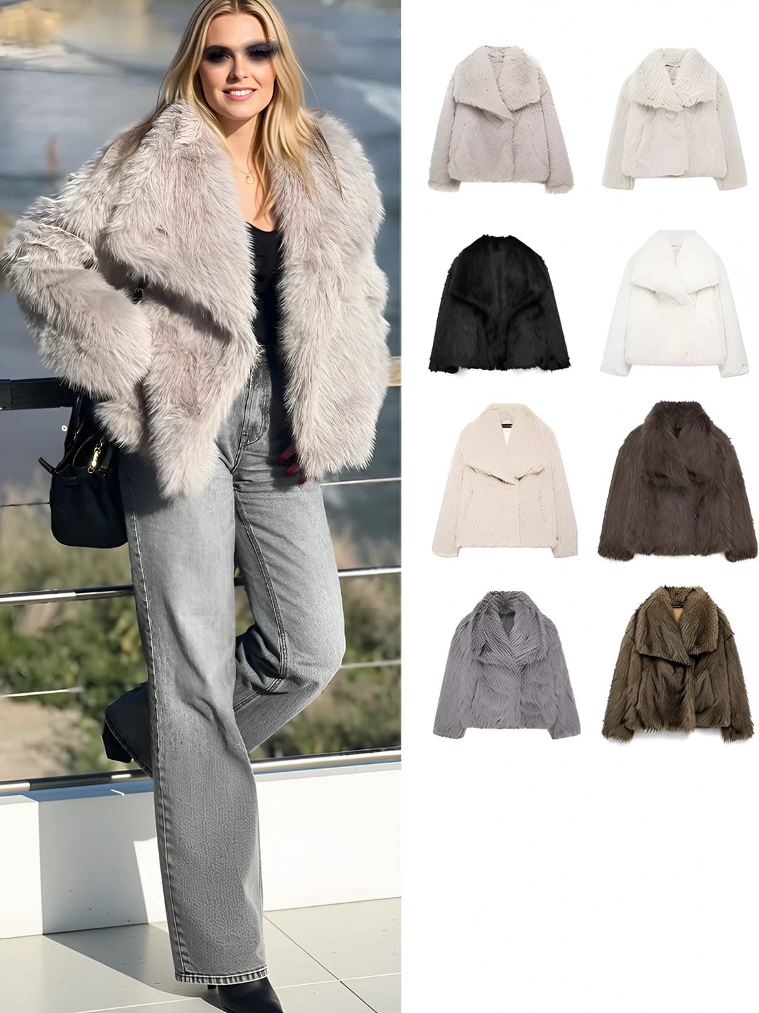 Women's 2026 winter faux fur coat, long sleeve, sailor collar, large fur collar, medium length