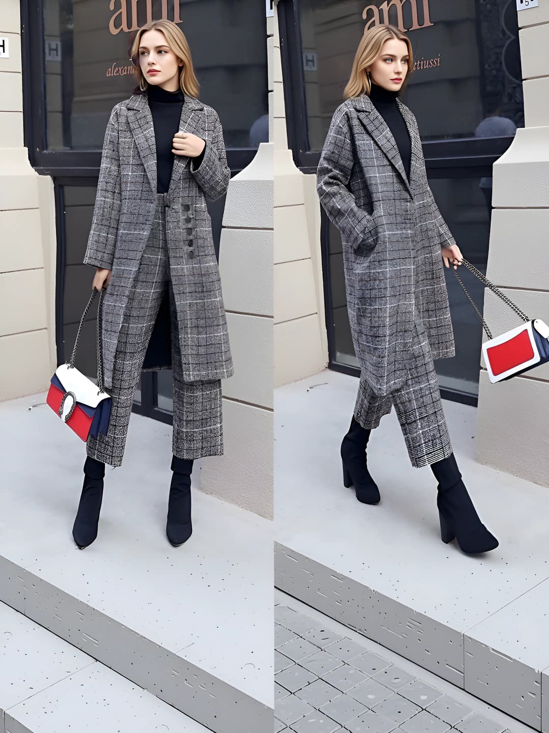 Women's checked set: blazer and wide-leg trousers, long sleeve, casual style