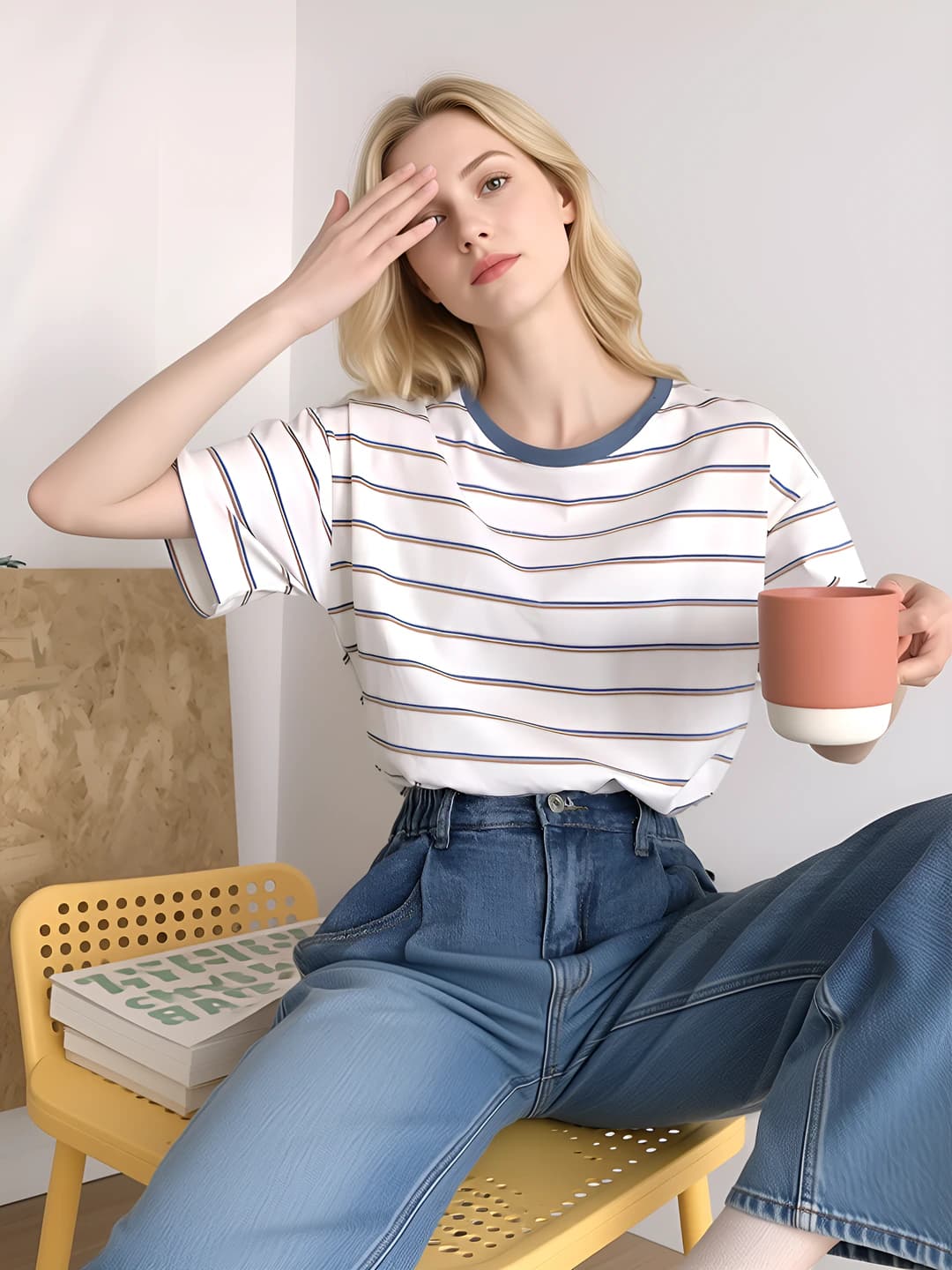 Women's short sleeve t-shirt, summer, preppy style, loose fit, slimming, striped, crew neck, 2026