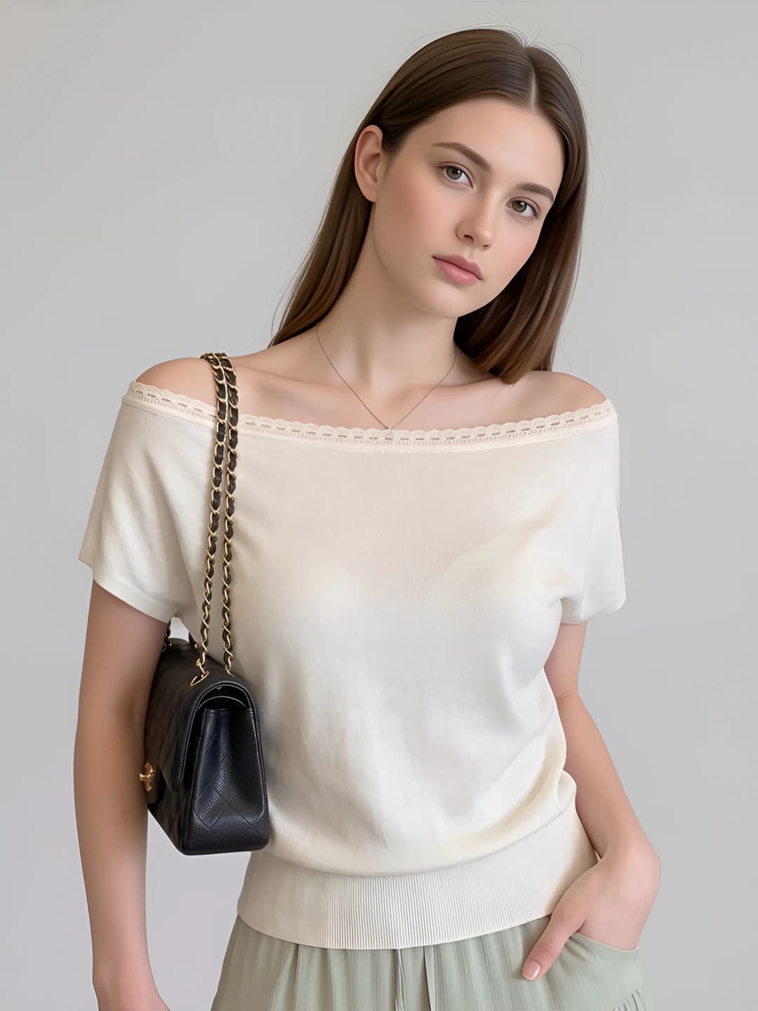 Women's tops with dropped shoulders: summer, cropped, solid colour, slimming, short sleeve, non-iron, casual style