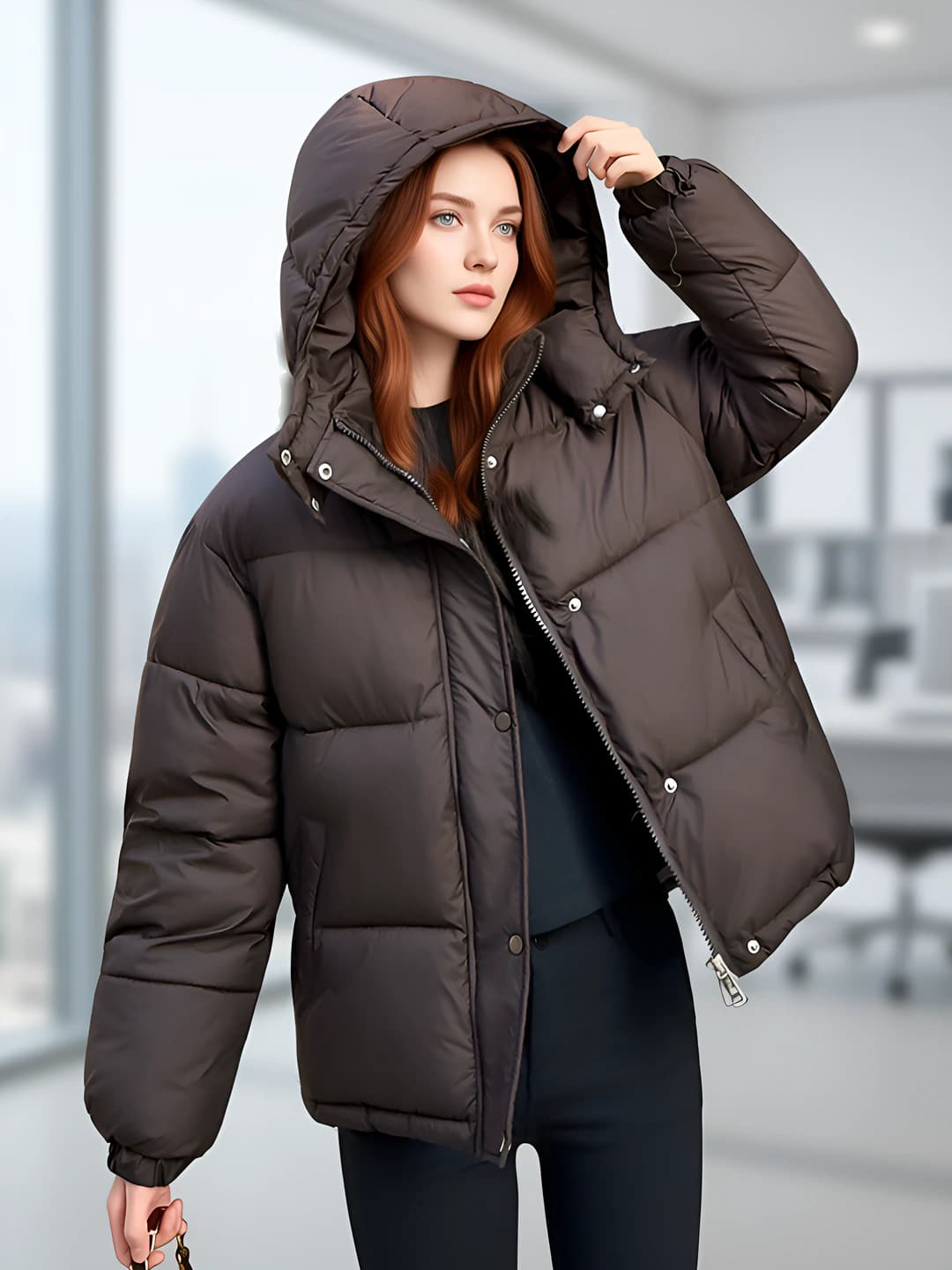 Women's warm winter padded hooded jacket, long sleeve, zip, casual style
