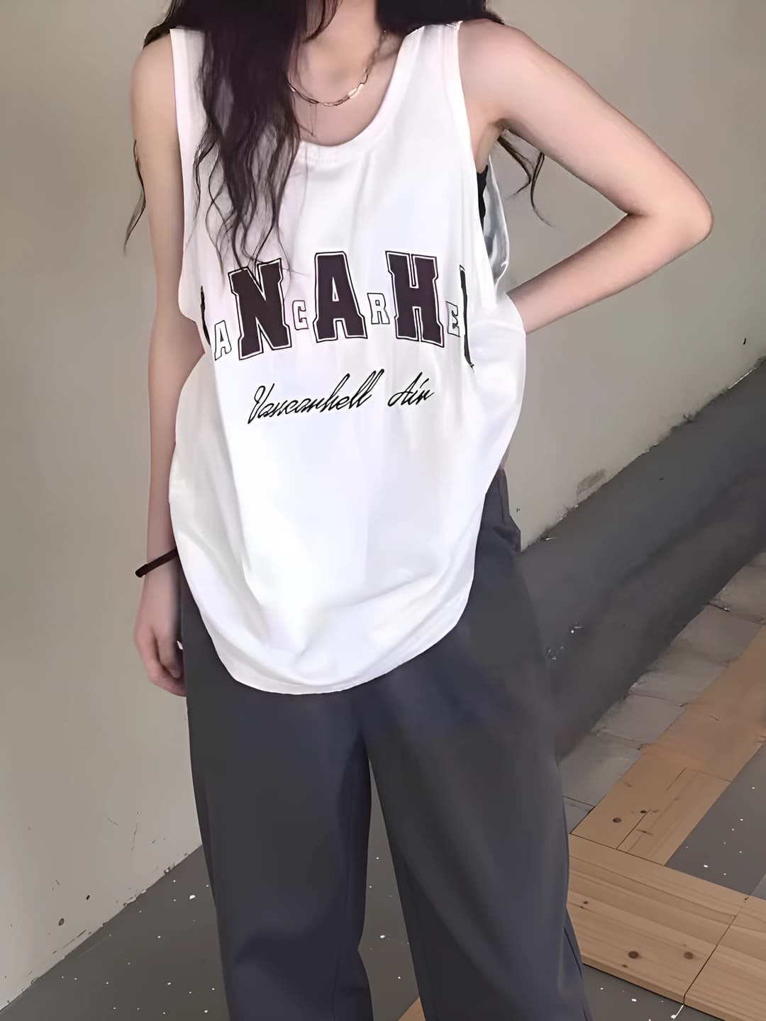 Women's sleeveless tank top, loose fit, mid-length, summer, casual, letter pattern, stretch fabric