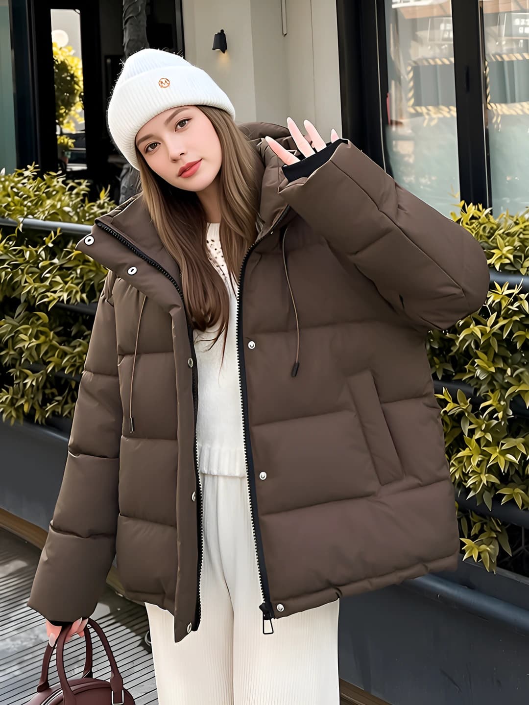 2026 winter women's cropped loose fit warm thickened down-alternative fill zip solid colour down jacket and winter coat