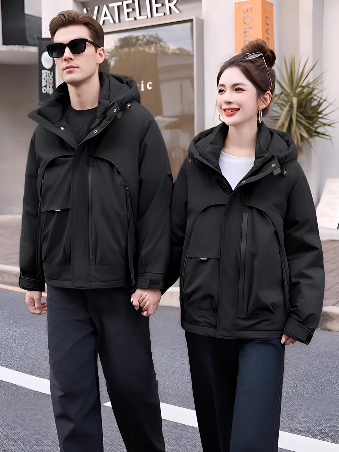 Women's Korean style spring-autumn light jacket and windbreaker for petite, solid colour, loose fit, long sleeve, zip, thick, padded jacket