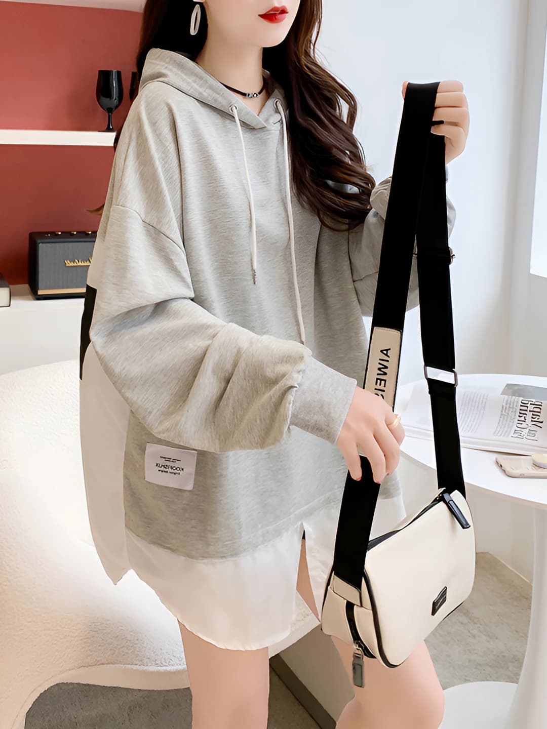 Women's printed hoodie for autumn 2026, loose fit, long sleeve, mid-length, 65% polyester, 30% cotton, 5% spandex