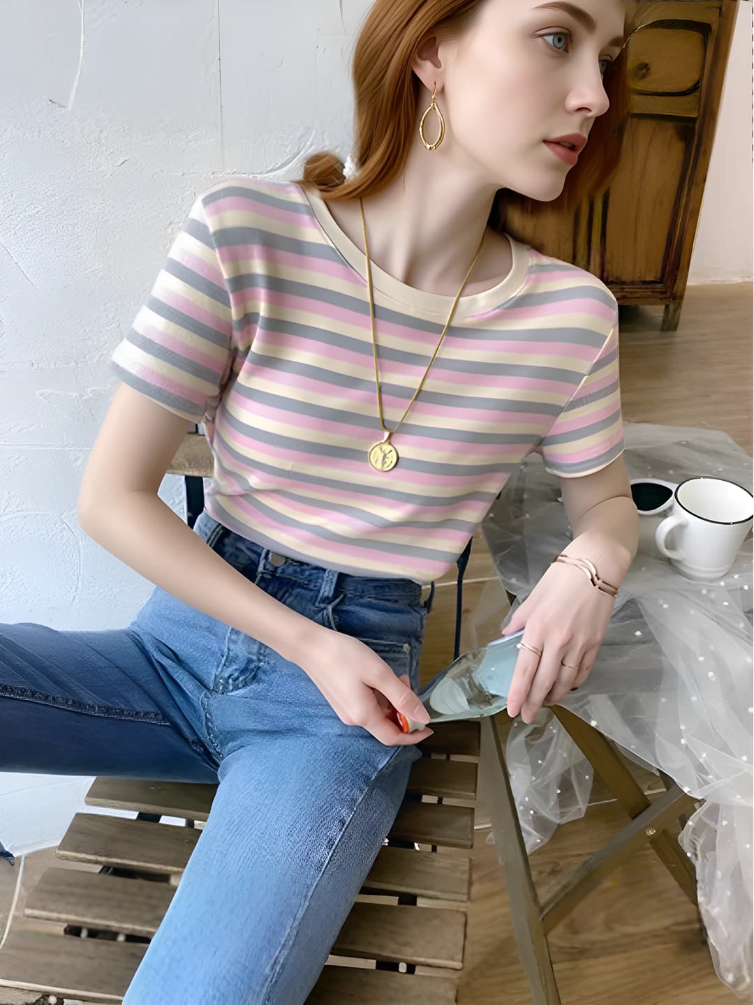 Women's striped short-sleeve t-shirt, summer 2026, slim fit, Korean style