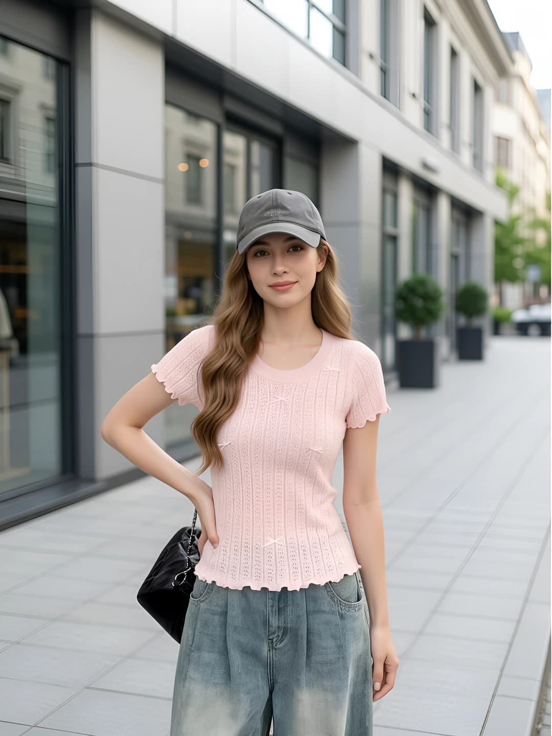 Women's knitted short-sleeve top with crew neck, solid colour, slim fit, slimming, summer 2026