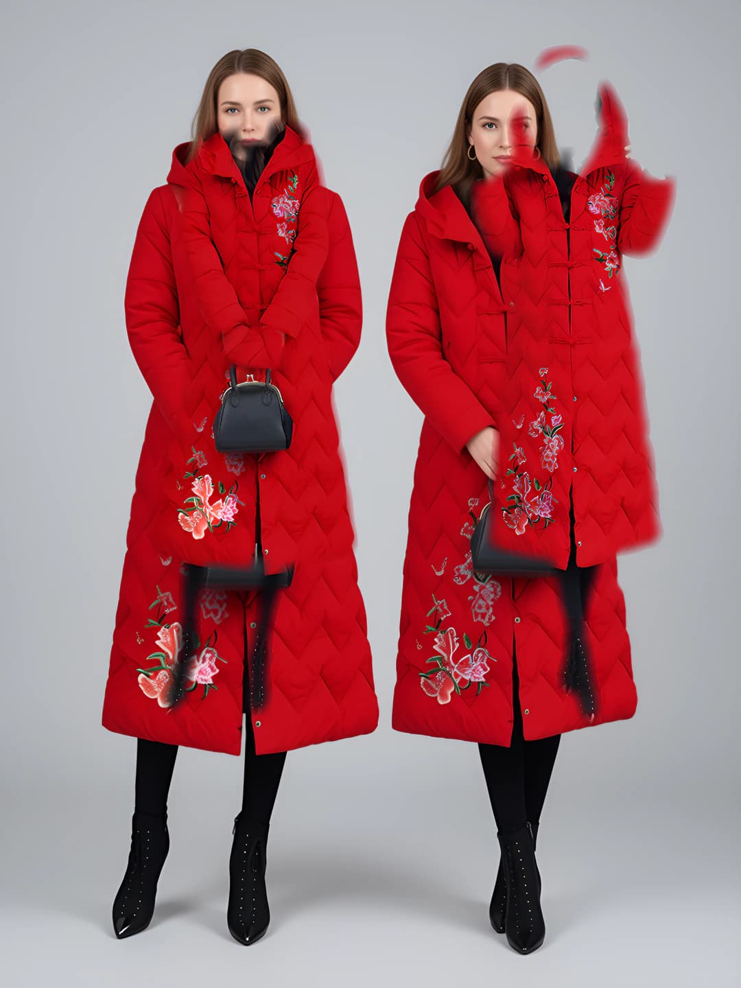 Women's mid-length padded jacket 2026 retro style embroidered, down-alternative fill, loose fit, long sleeve