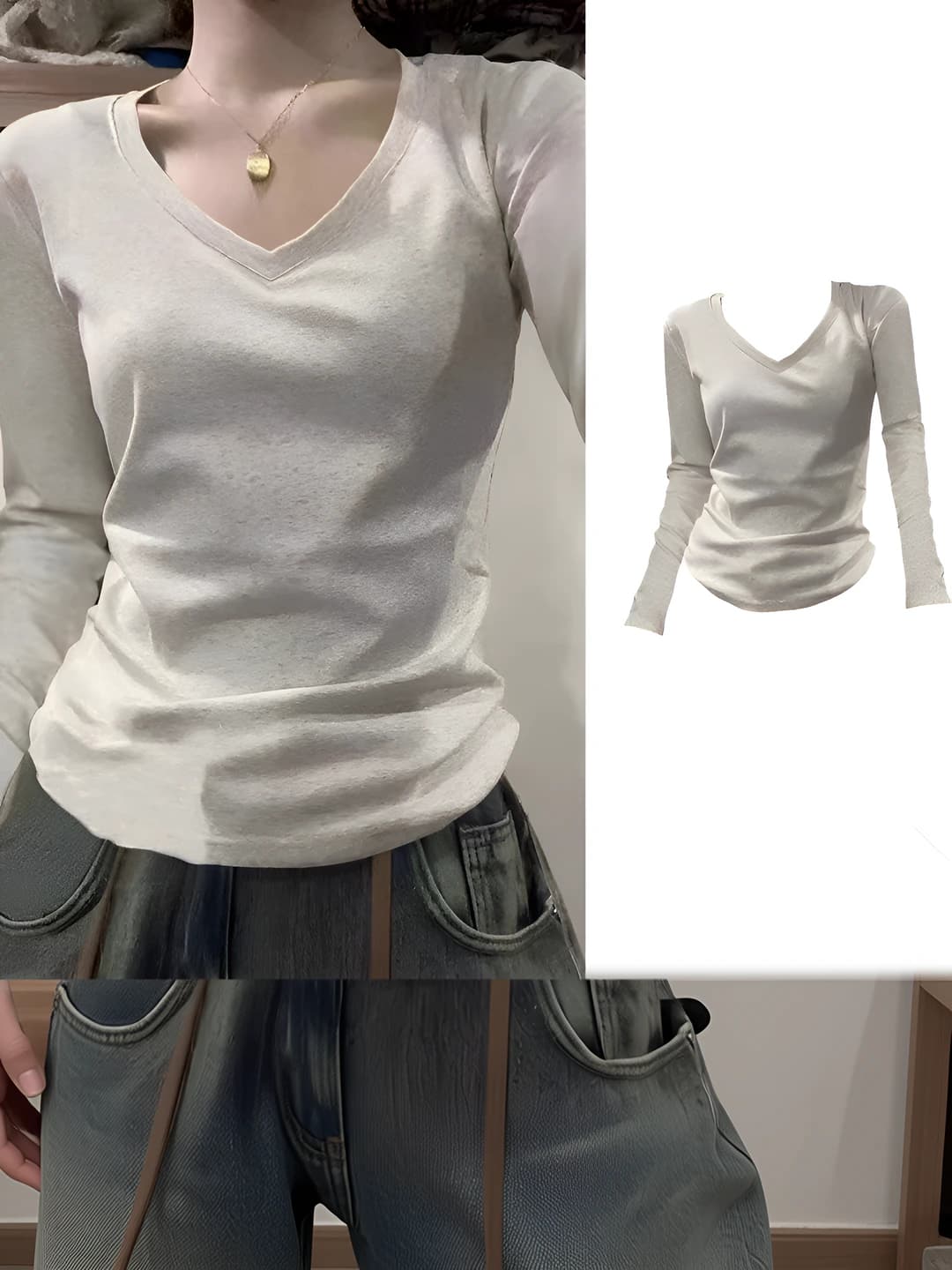 Women's long sleeve V-neck t-shirt, spring-autumn 2026, slim fit, solid colour, office style
