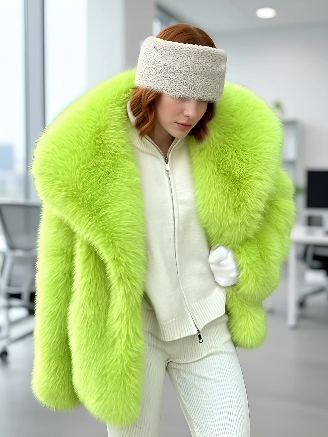 Women's faux fur coat for autumn-winter with lapel collar, long sleeves, 3D design, and eco-friendly material