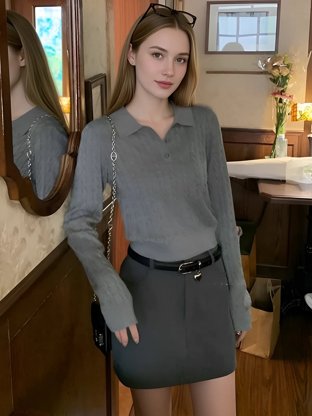 Women's cable knit pullover sweater with lapel collar, long sleeve, cropped, solid colour, preppy style, autumn