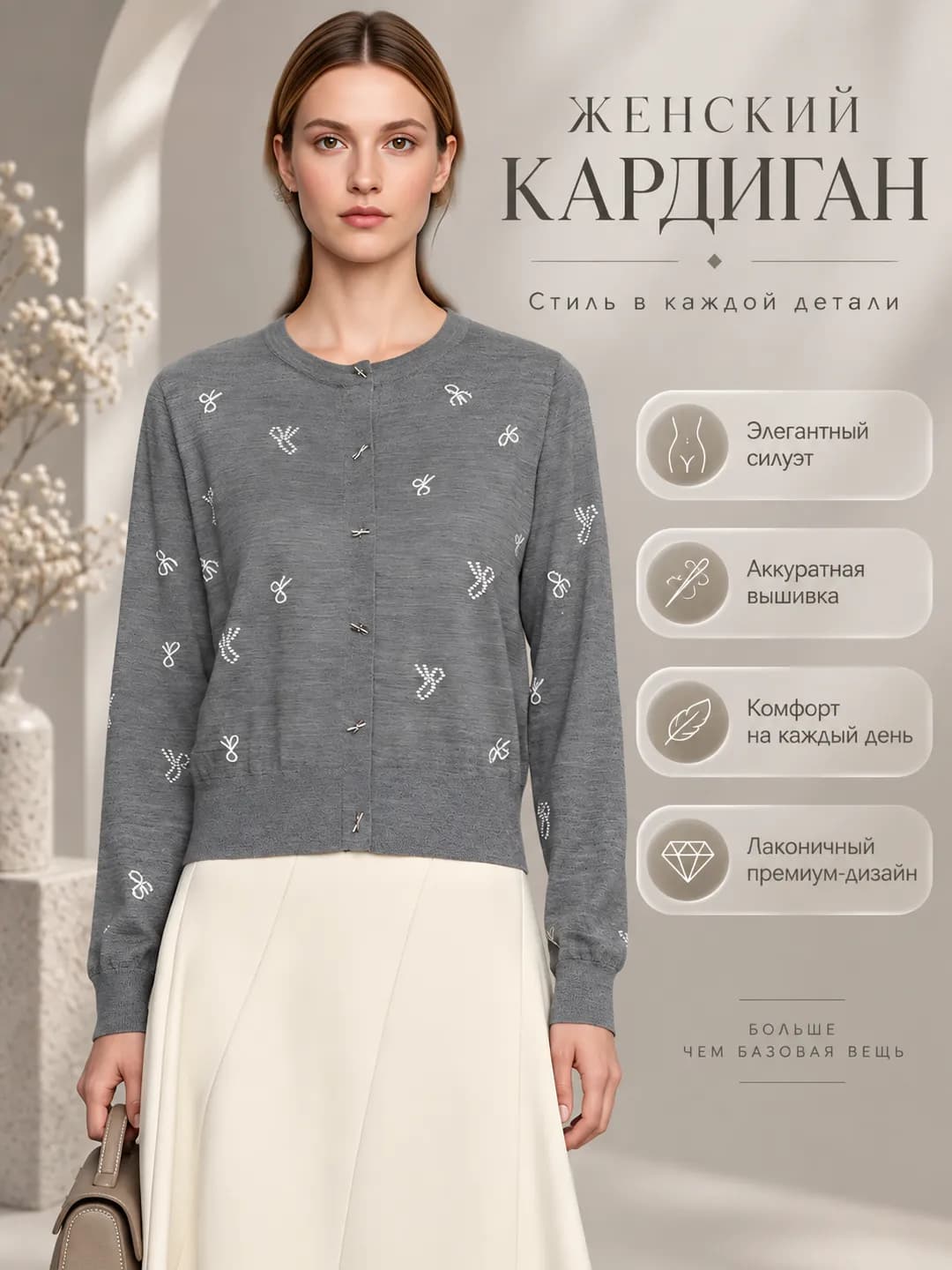 Женский вязаный кардиган из шерсти на весну, круглый вырез, длинный рукав, с вышивкой и бантом, тонкий, в стиле кэжуал