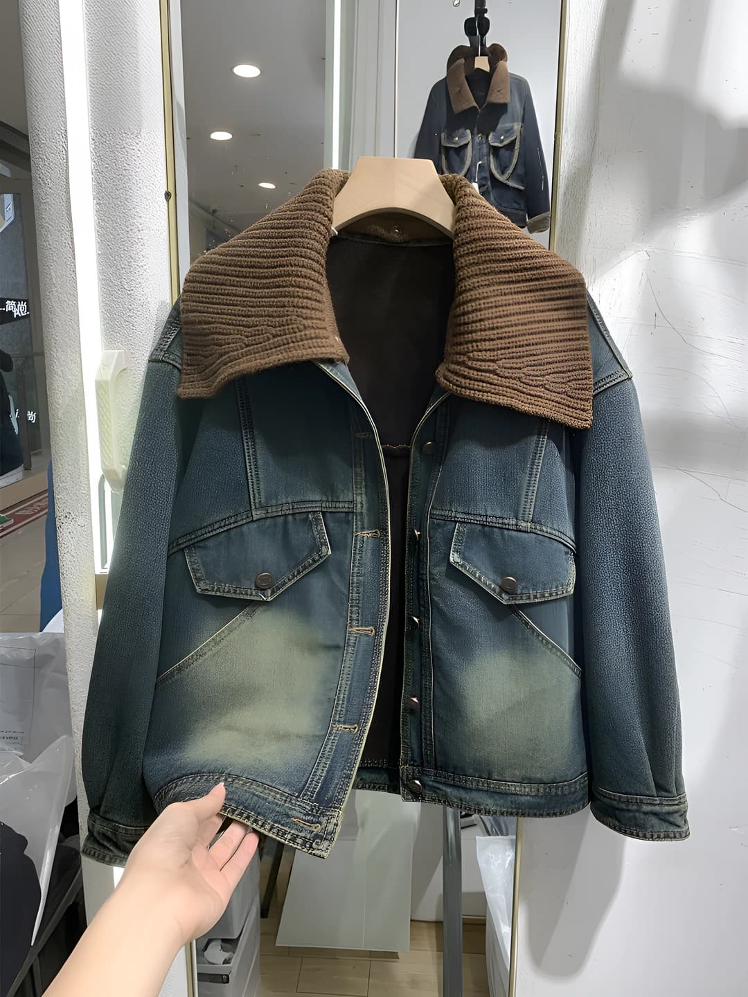 Women's fleece-lined denim jacket, autumn-winter, retro, thickened, petite, sleeveless, POLO collar