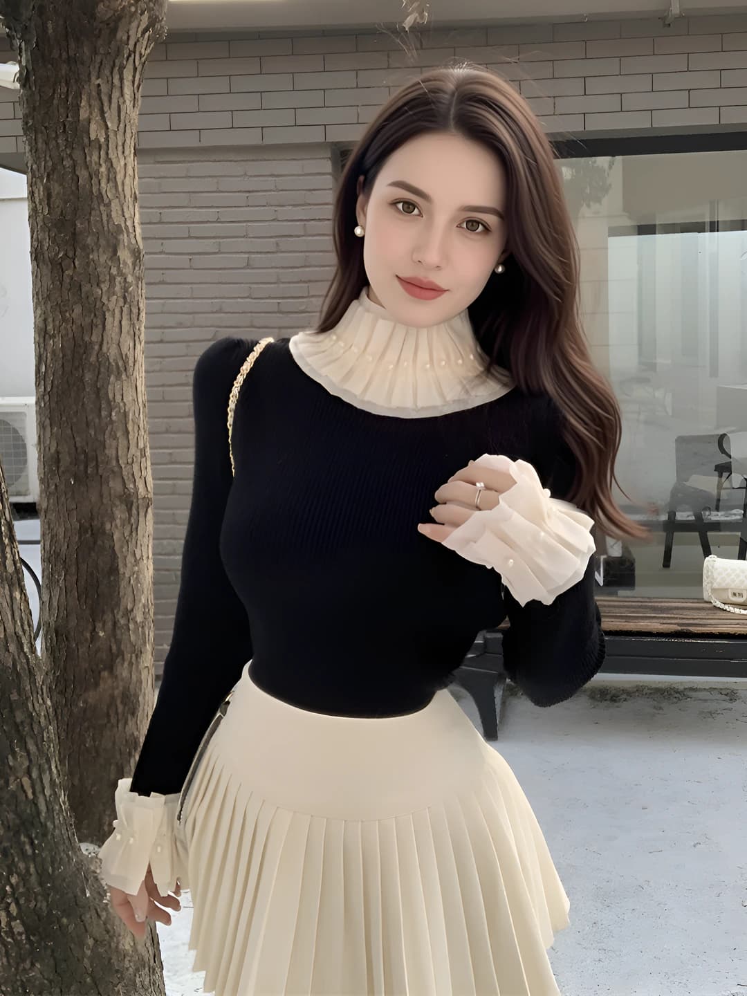 Women's autumn-winter slim fit long sleeve knit sweater top, stand collar, solid colour, French style with bead detailing