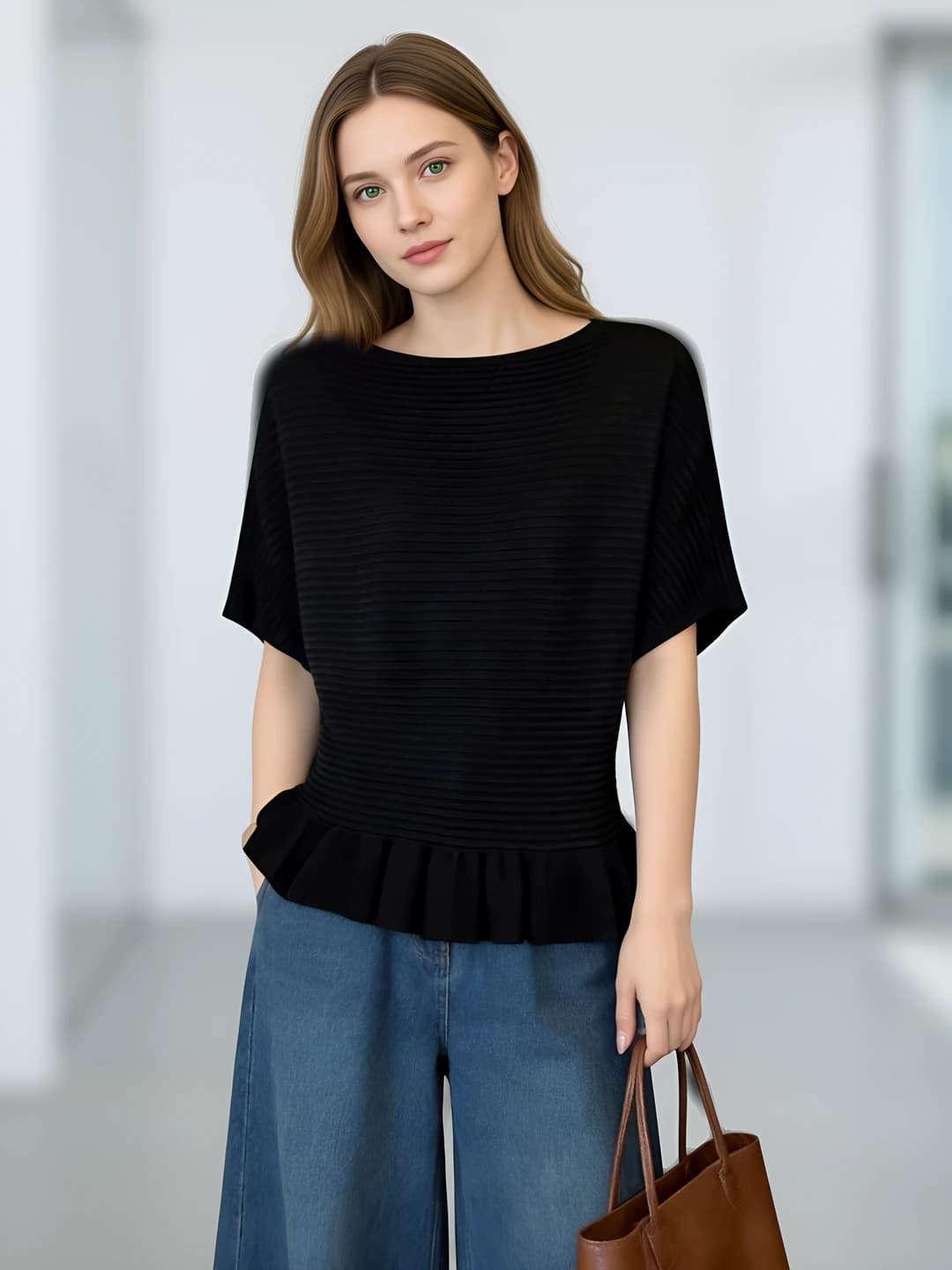 Women's thin ice-silk fabric knit top, crew neck, short sleeve, solid colour, summer, plus size