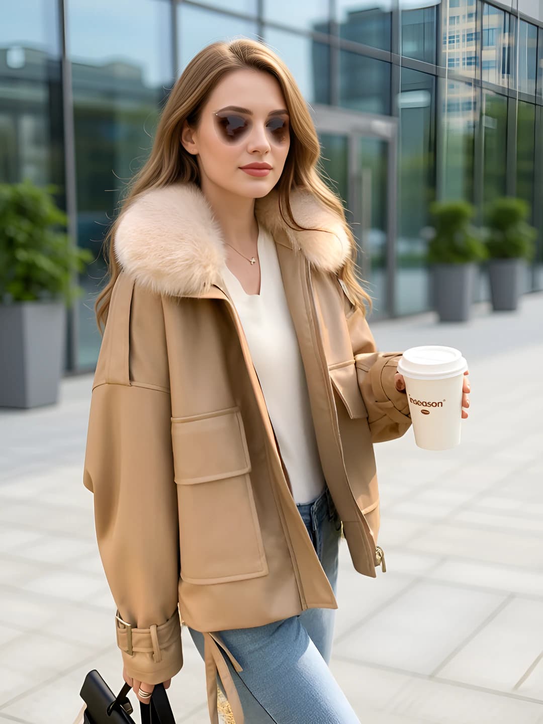 Ayollar uchun kuz-qish issiq astarli qalinlashtirilgan bo'sh (oversize) kalta faux-leather kurtka, olib tashlanadigan tut qoziq yoqali