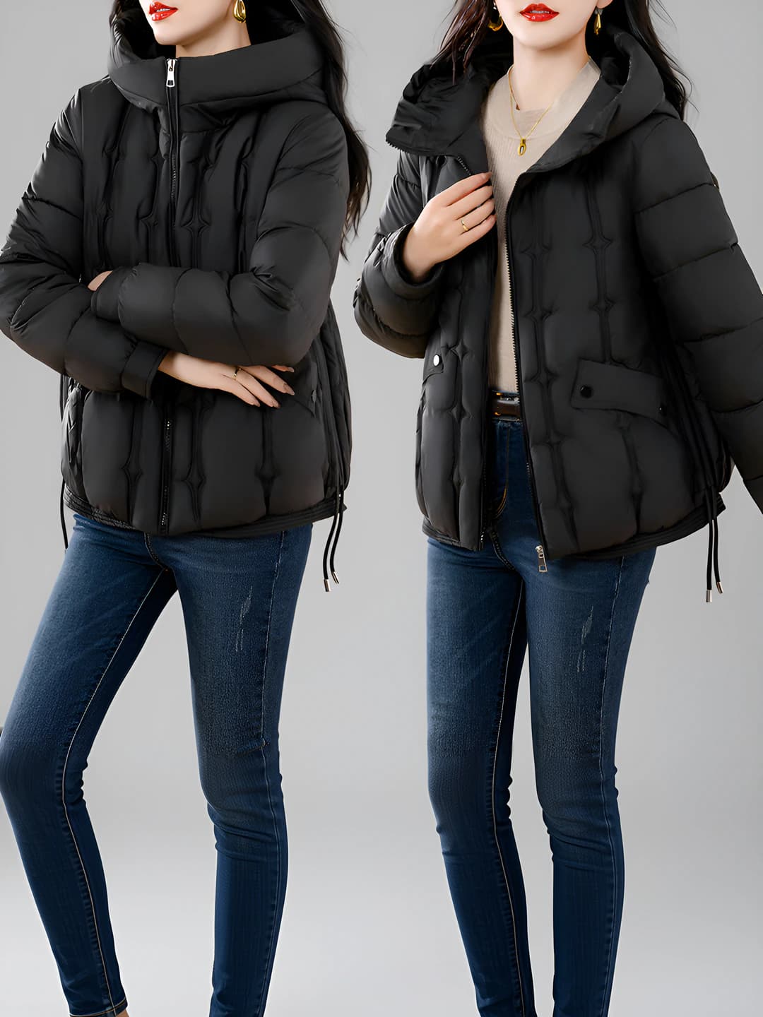 Women's cropped loose fit slimming thickened down-alternative fill padded winter jacket, zip closure, long sleeve, solid colour, casual style, 2026
