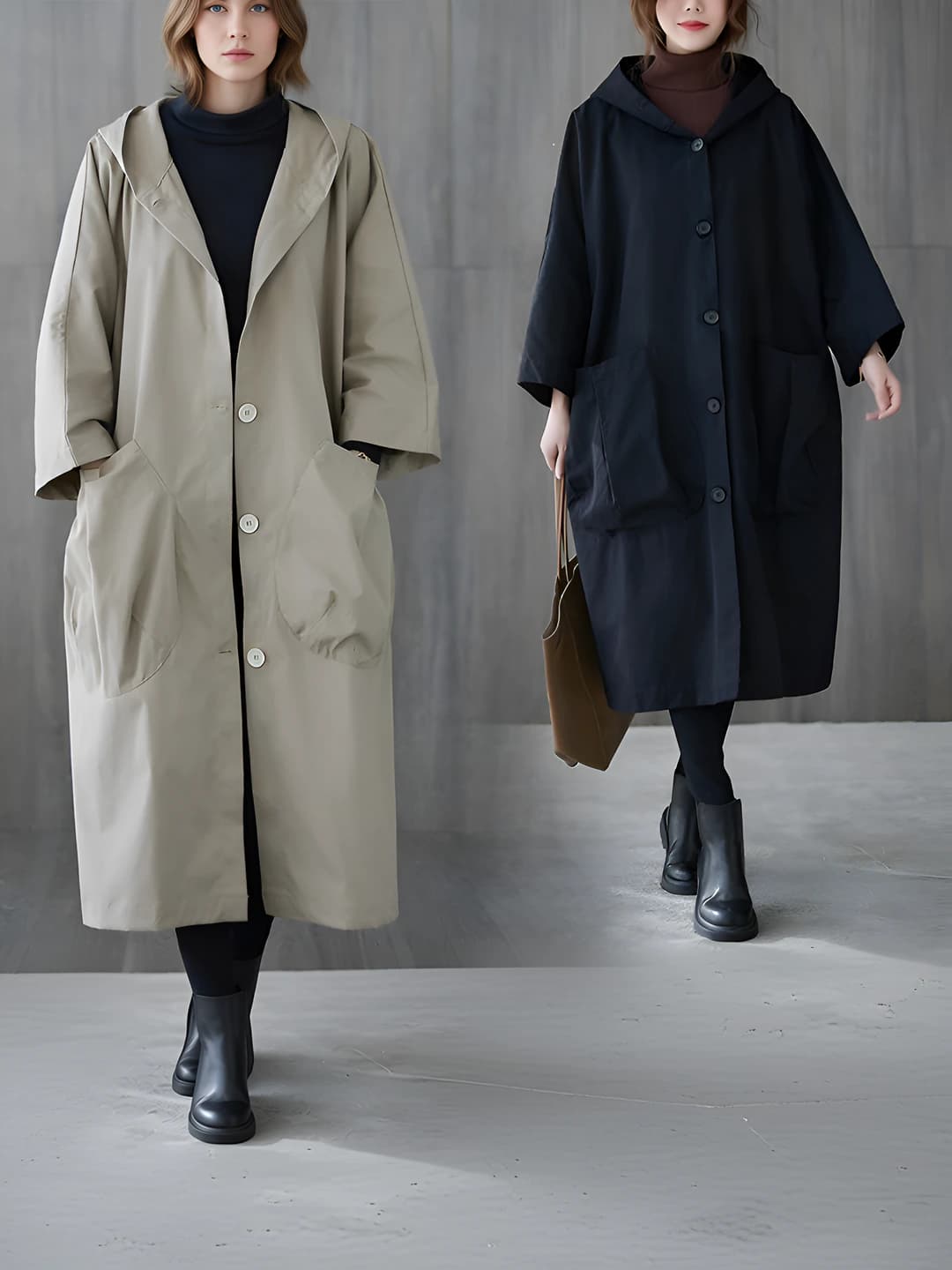 Women's plus size loose fit long trench coat, autumn, casual, long sleeve, hooded