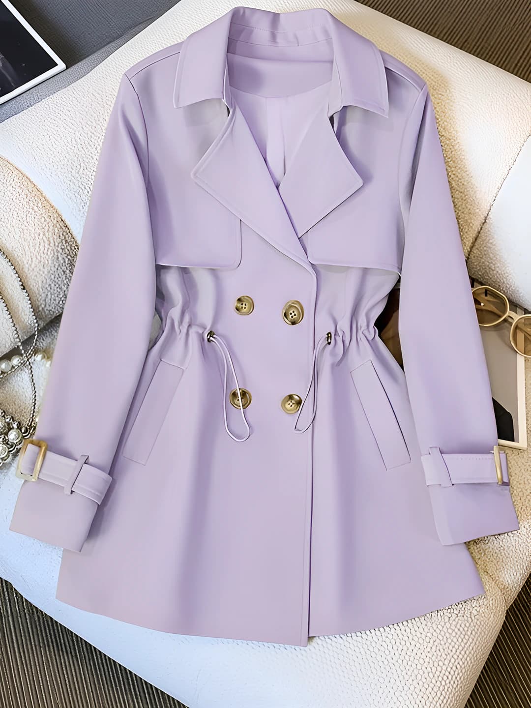 Women's 2026 spring-autumn mid-length trench coat, blazer collar, sleeveless, for petite, Korean style