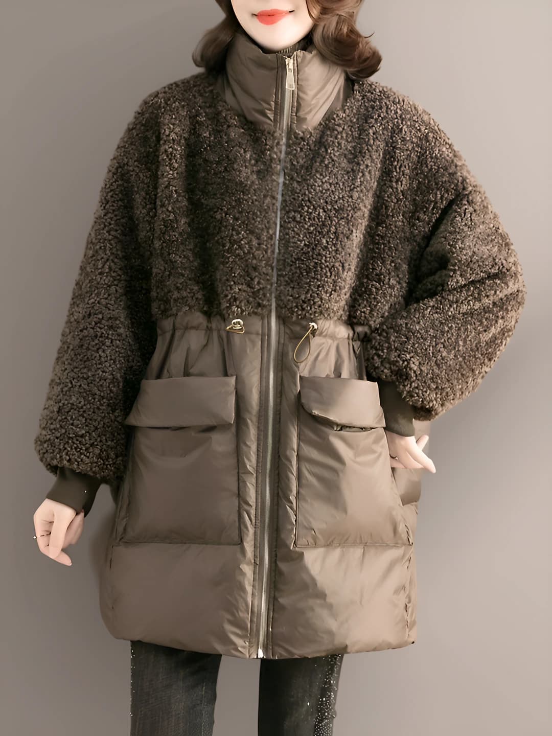 Women's mid-length padded winter coat 2026, POLO collar, long sleeve, loose fit, thickened warm outerwear
