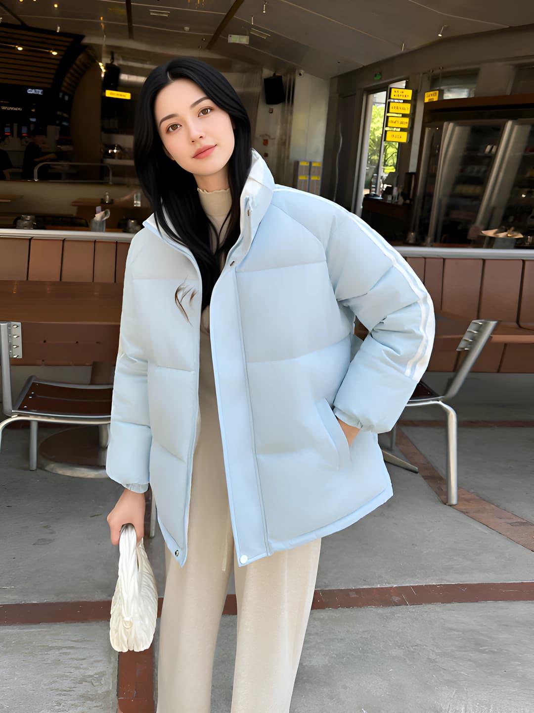Women's winter padded jacket: down-alternative fill, polyester fabric, stand collar, zip, loose fit, long sleeve, thickened, warm, windproof, solid colour, casual style