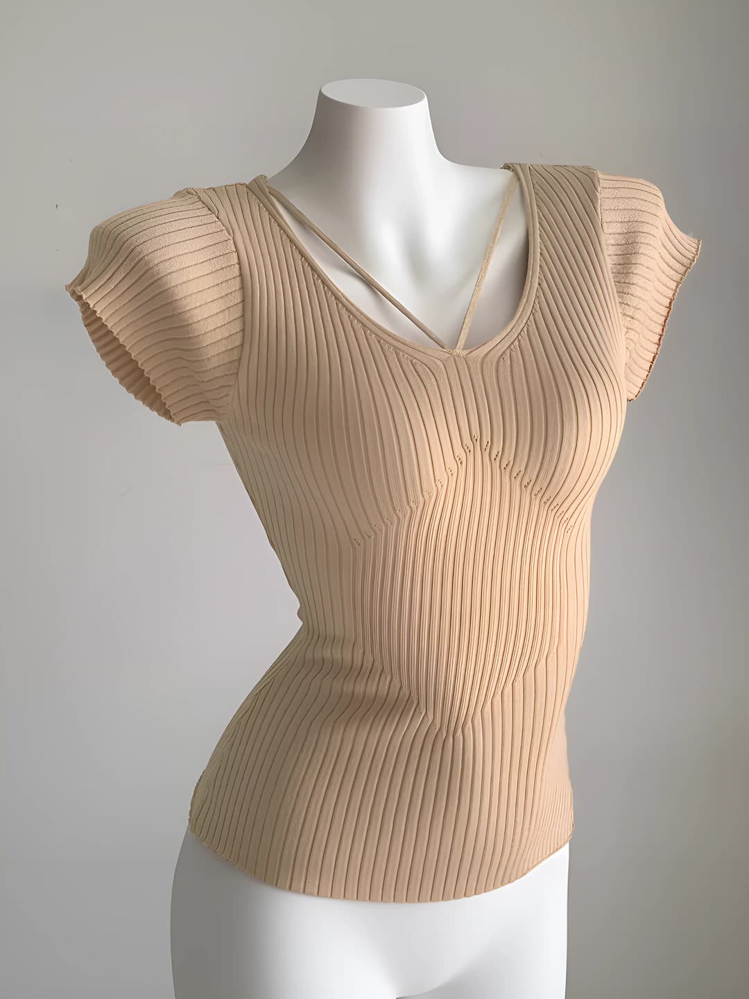 Women's V-neck, slim fit, short sleeve, solid colour knit top, summer, 2026