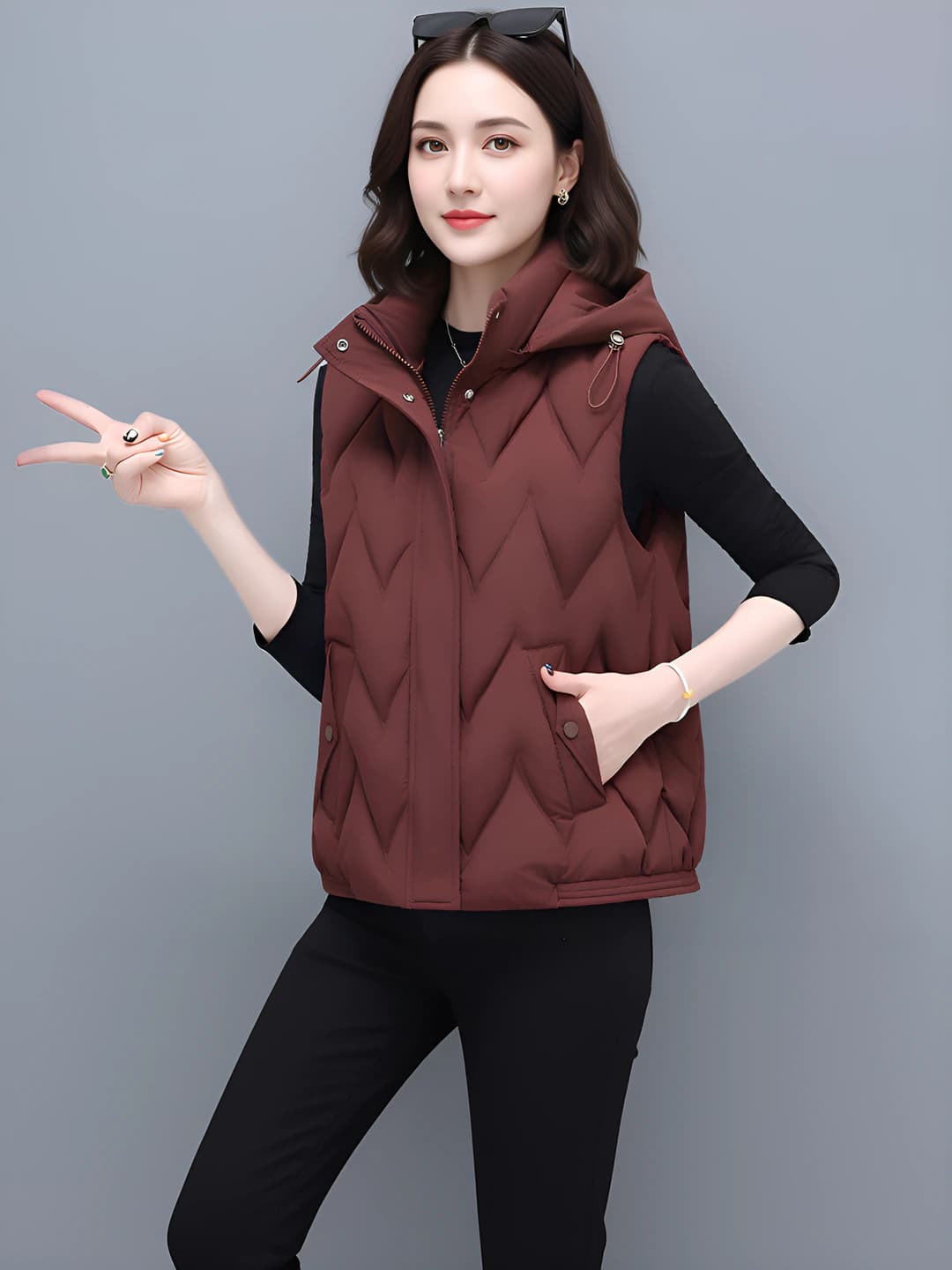 Women's thickened loose fit zip vest with down-alternative fill, solid colour, casual, cropped, autumn-winter