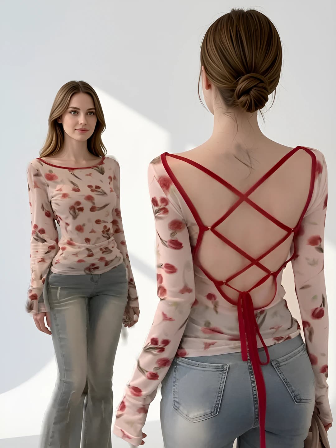 Women's long sleeve slim fit printed mesh sun-protective longsleeve