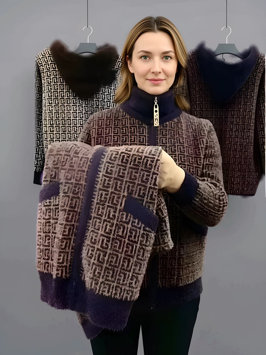 Women's autumn-winter cropped cardigan, stand collar, sleeveless, cotton fabric, double-sided fleece, small check pattern
