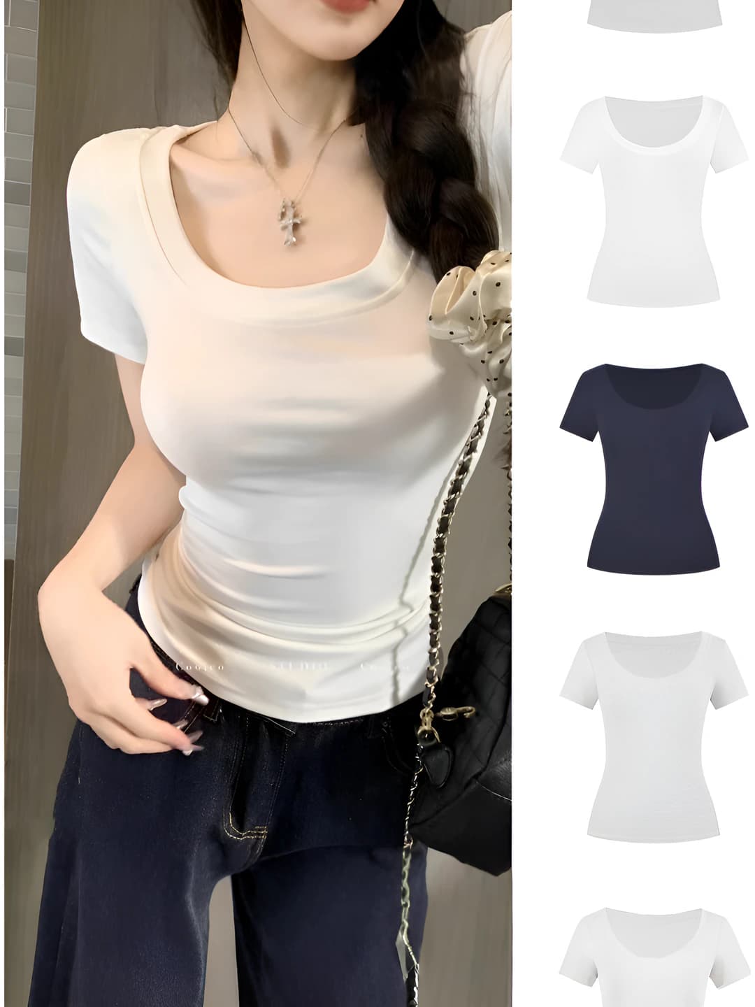 Women's pure cotton t-shirt, U-neck, short sleeve, slim fit, solid colour, summer, slimming