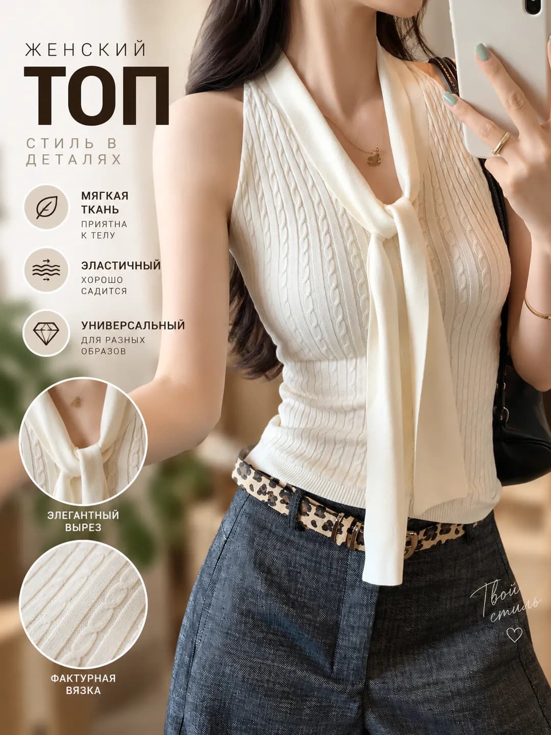 Ayollar uchun 2026 yilgi to'qima halter top, yengsiz, V-yoqali, orqa ochiq, bir rangli, kalta