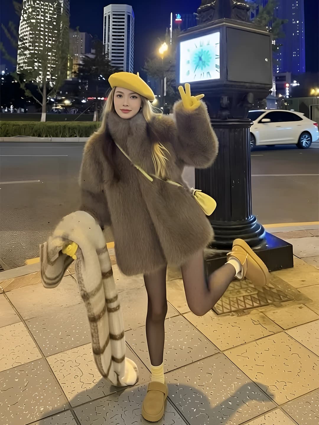 Women's winter short faux fur coat, stand collar, long sleeve, 3D design element, Chanel style